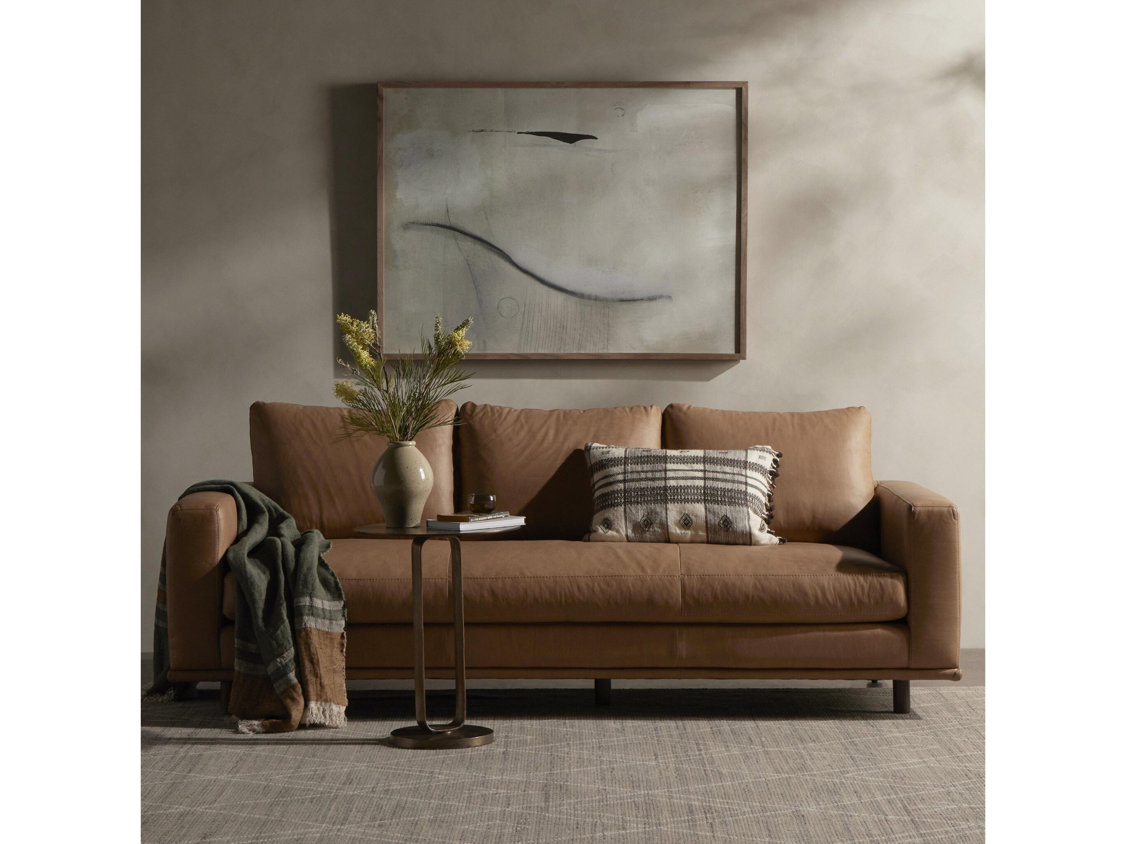 Four Hands Centrale Dom Dark Aubrun Walnut Nantucket Taupe Brown Leather Sofa