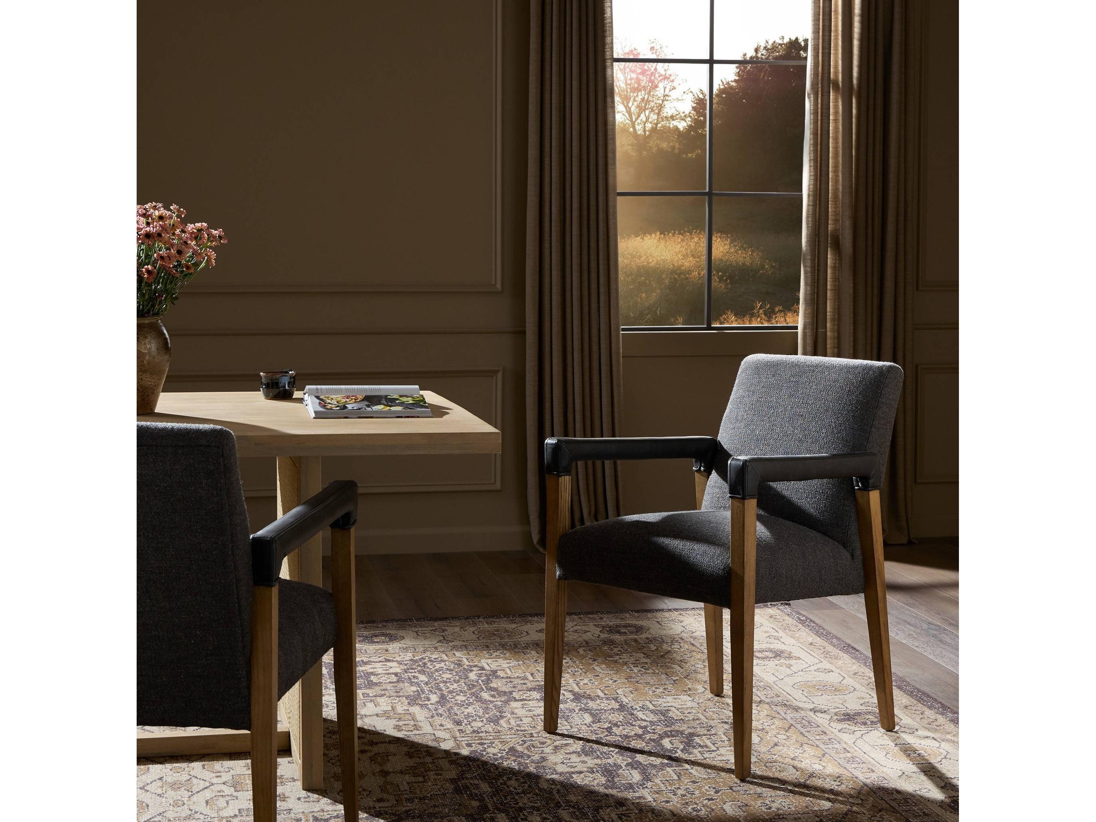 Four Hands Abbott Reuben Oak Wood Gray Upholstered Arm Dining Chair