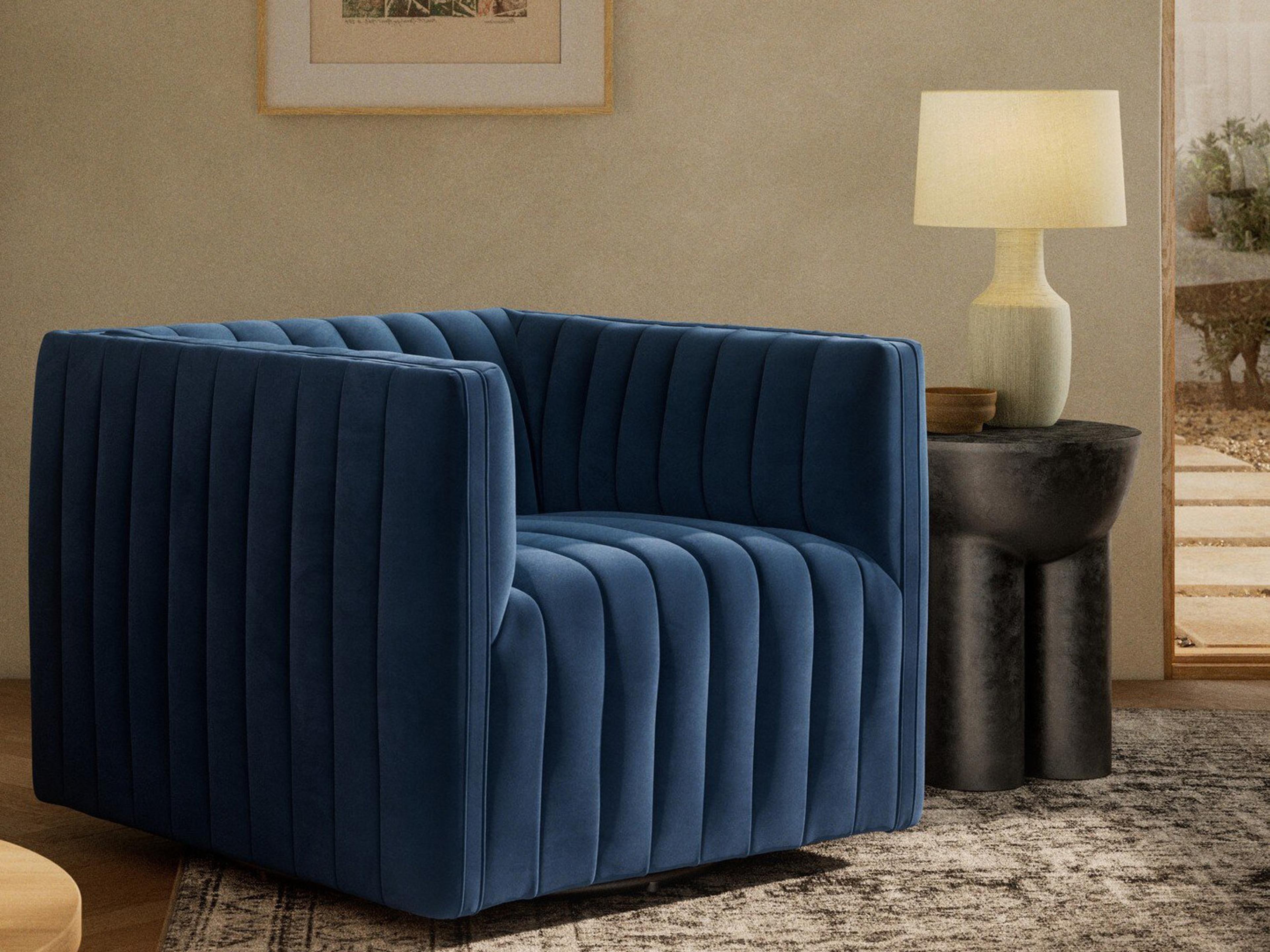 Four Hands Grayson Augustine Swivel Blue Fabric Accent Chair