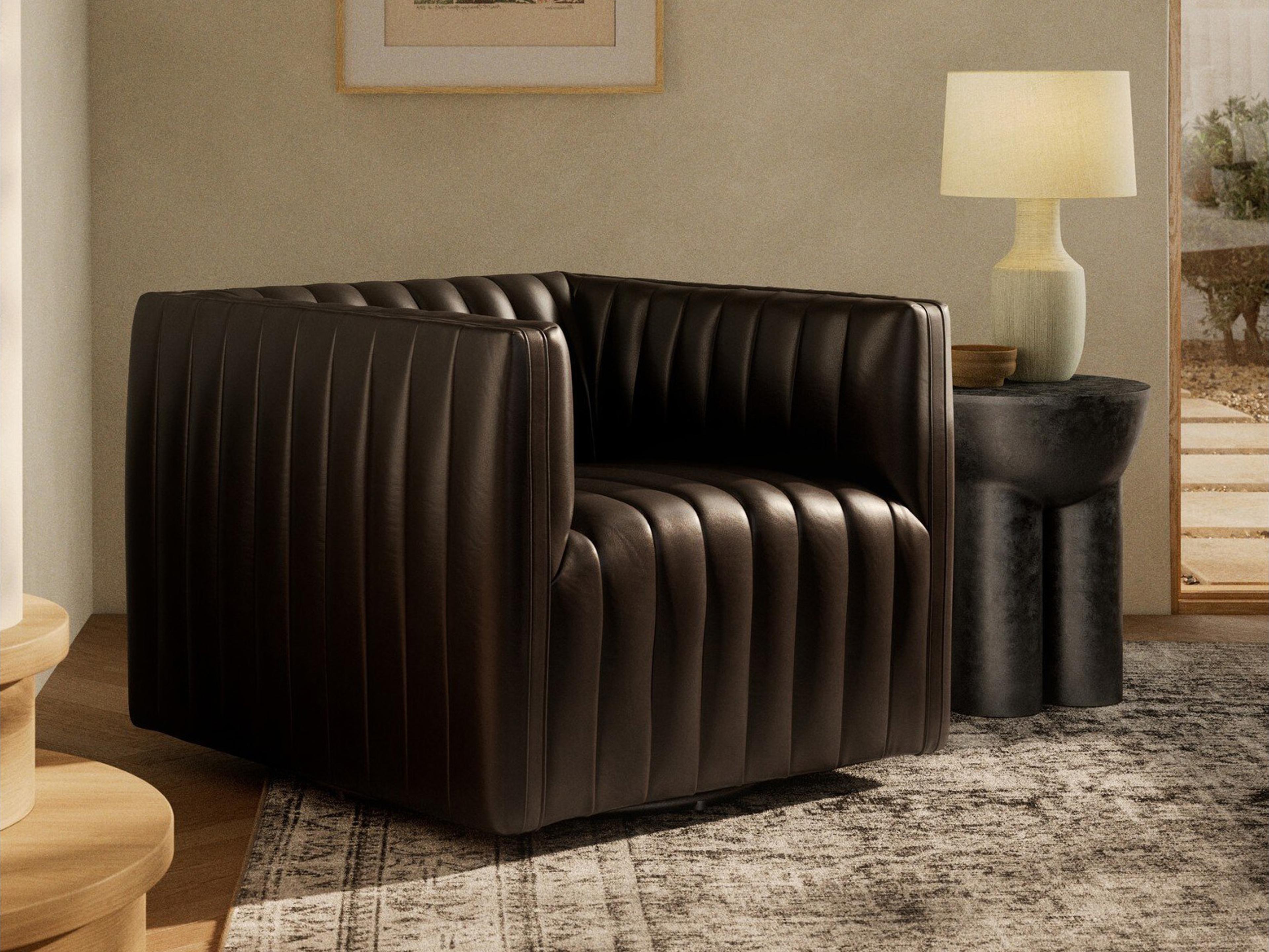 Four Hands Grayson Swivel Augustine Black Leather Accent Chair