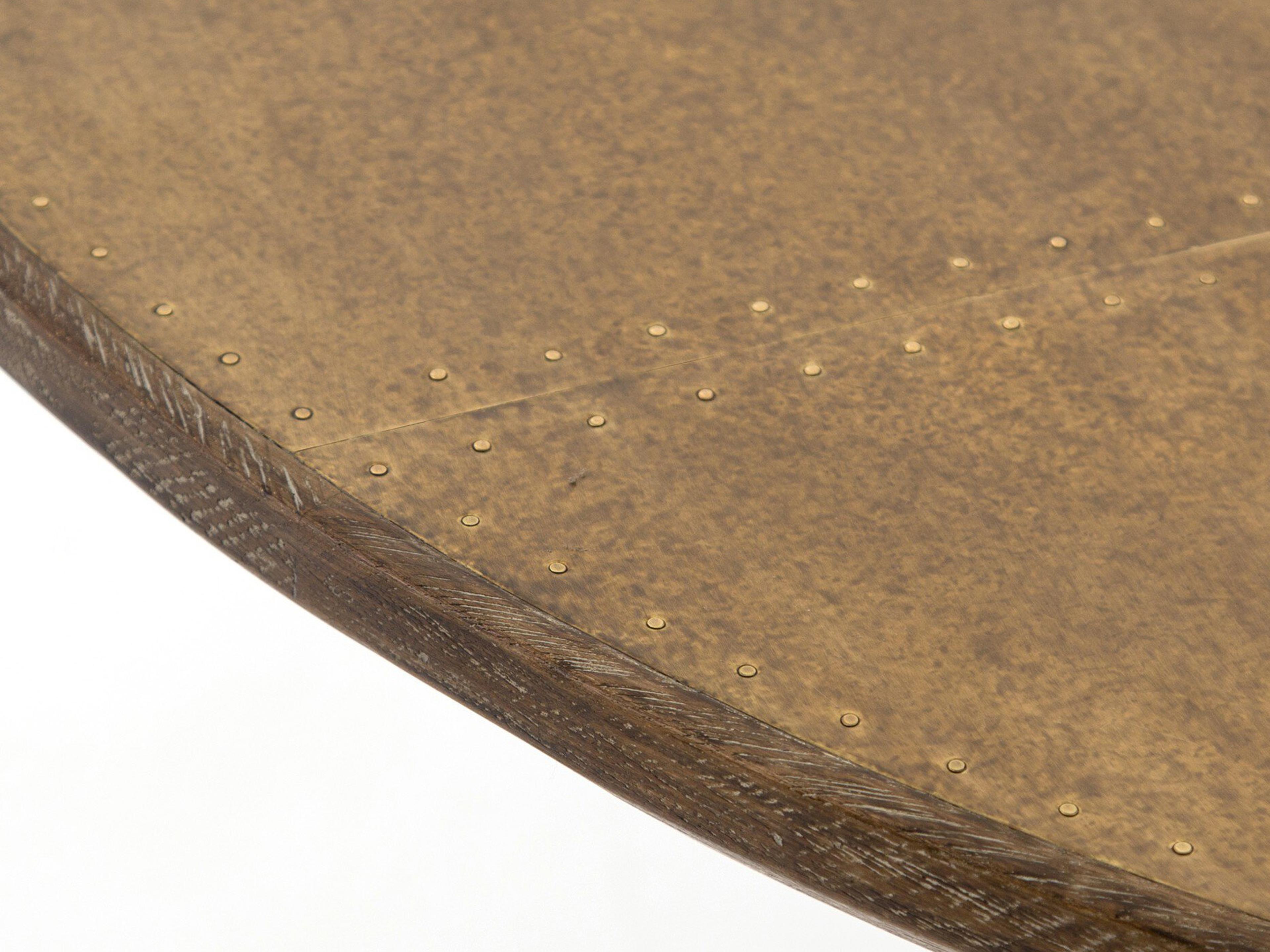 Four Hands Hughes Powell Round Wood Bright Brass Clad Dark Rustic Black Light Burnt Oak Dining Table