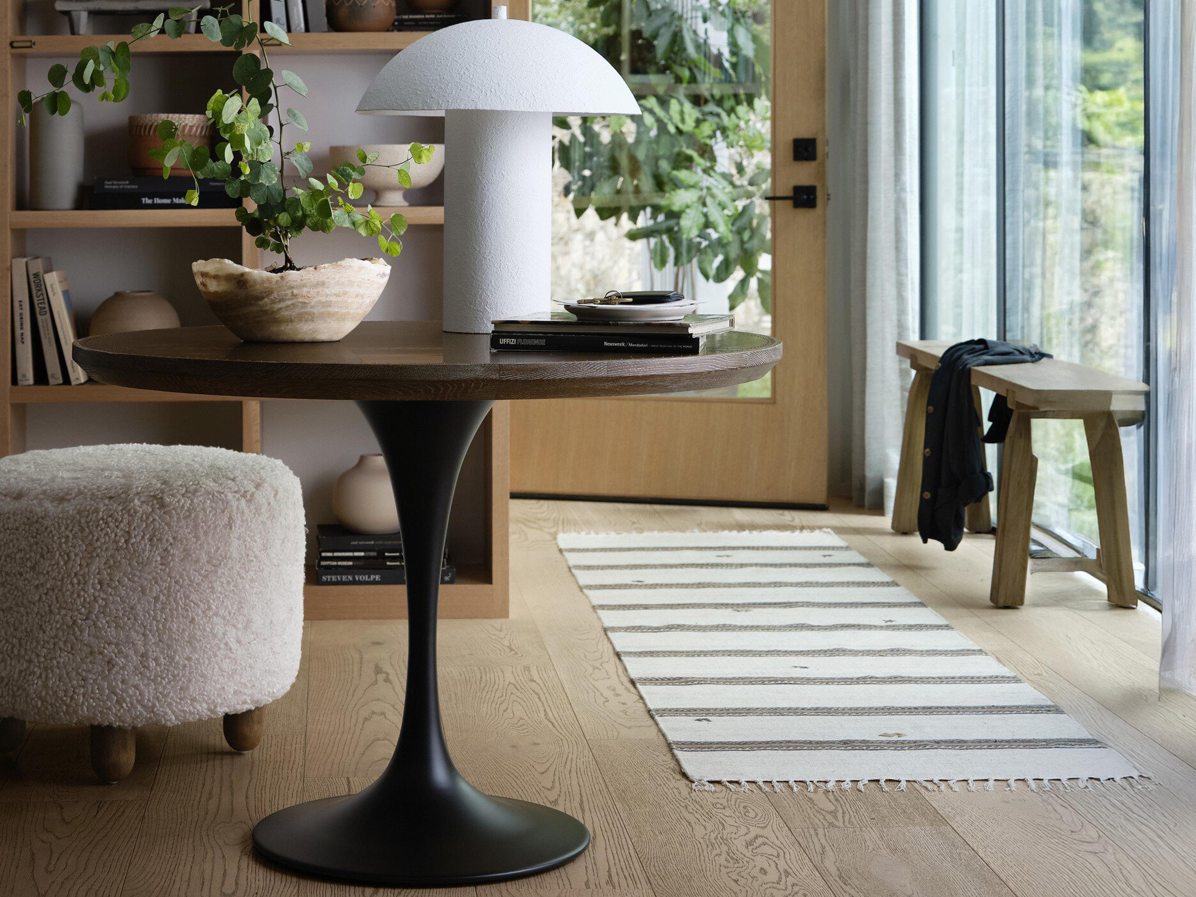 Four Hands Hughes Powell Round Wood Bright Brass Clad Dark Rustic Black Light Burnt Oak Dining Table