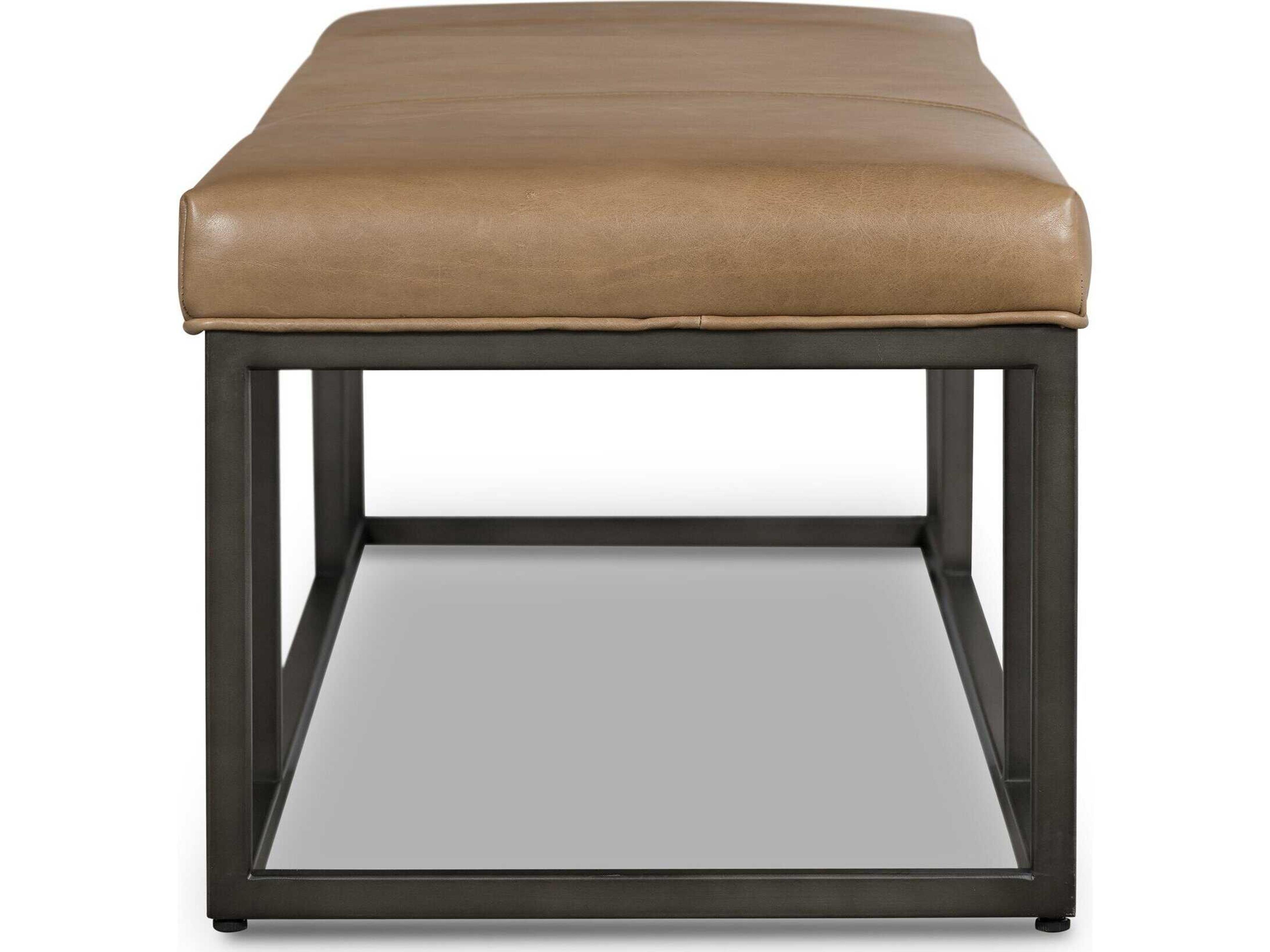 Four Hands Easton Dakota Warm Taupe Light Gunmetal Brown Leather Accent Bench