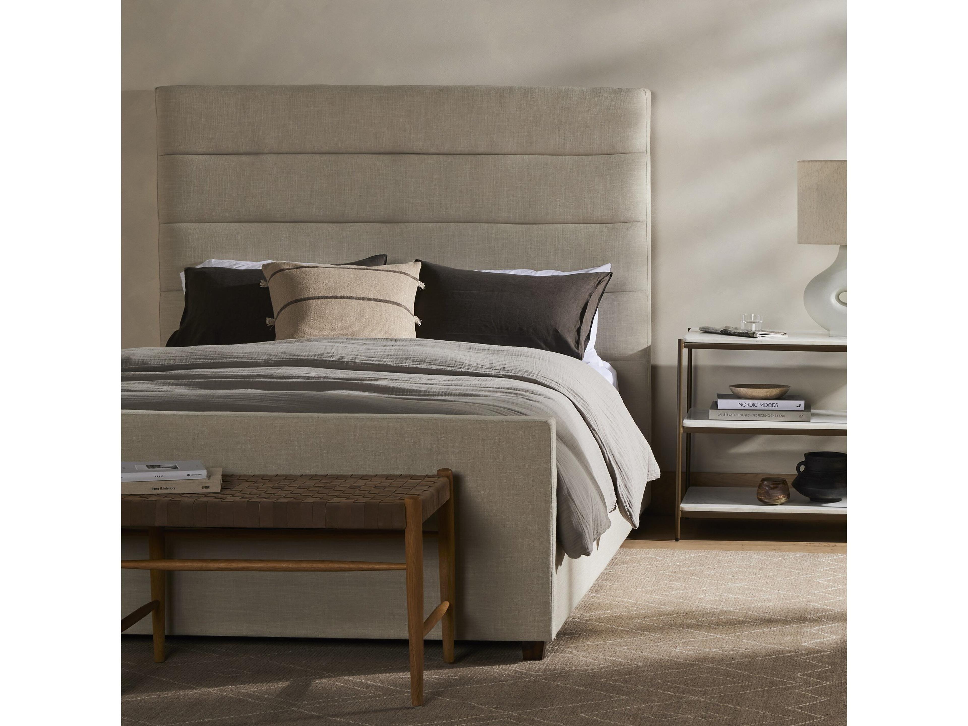 Four Hands Easton Daphne Cambric Ivory Almond White Parrawood Upholstered Queen Platform Bed