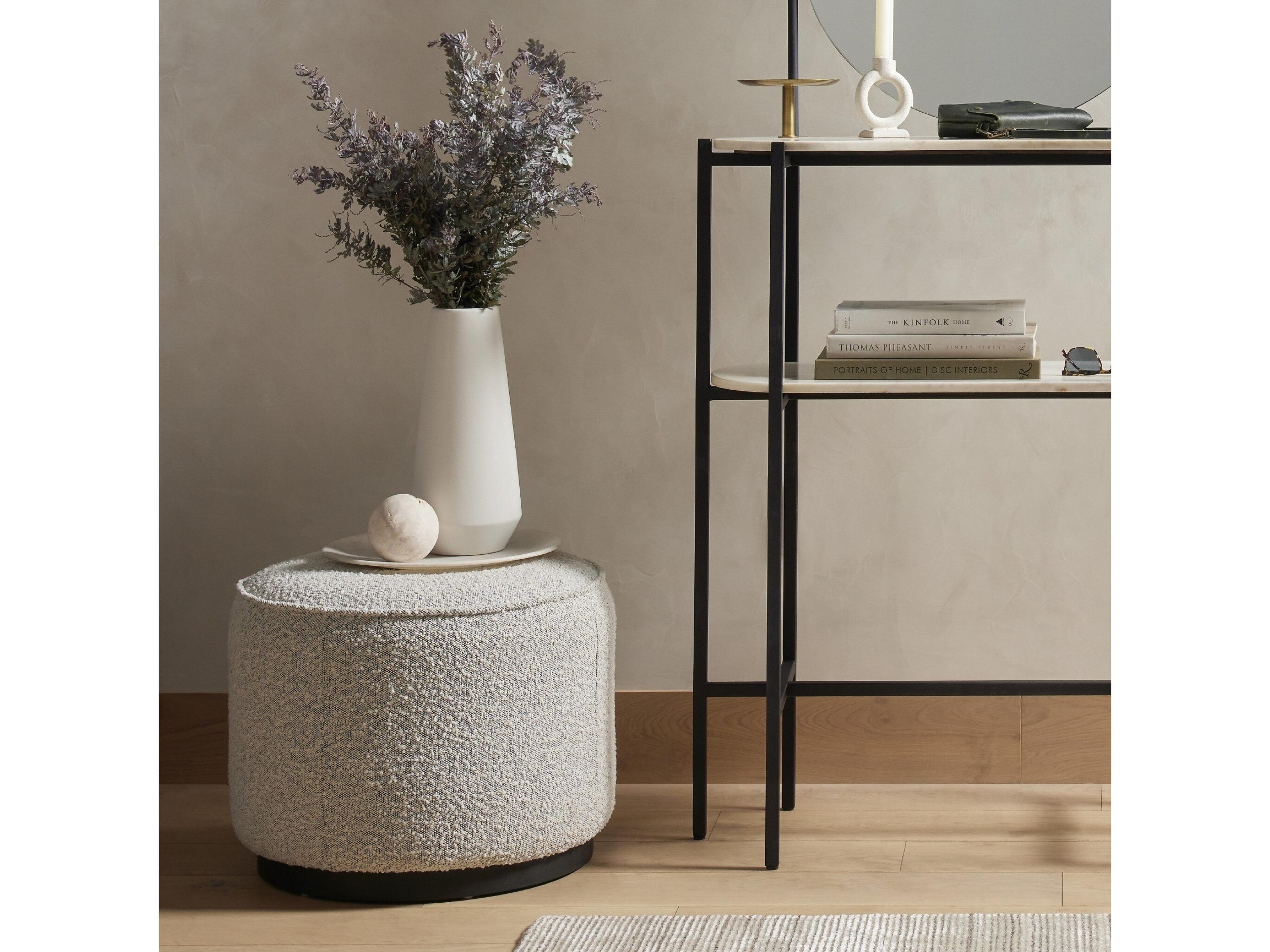 Luxecor Sinclair Globetrotter Brushed Ebony Knoll Domino Gray Upholstered Ottoman