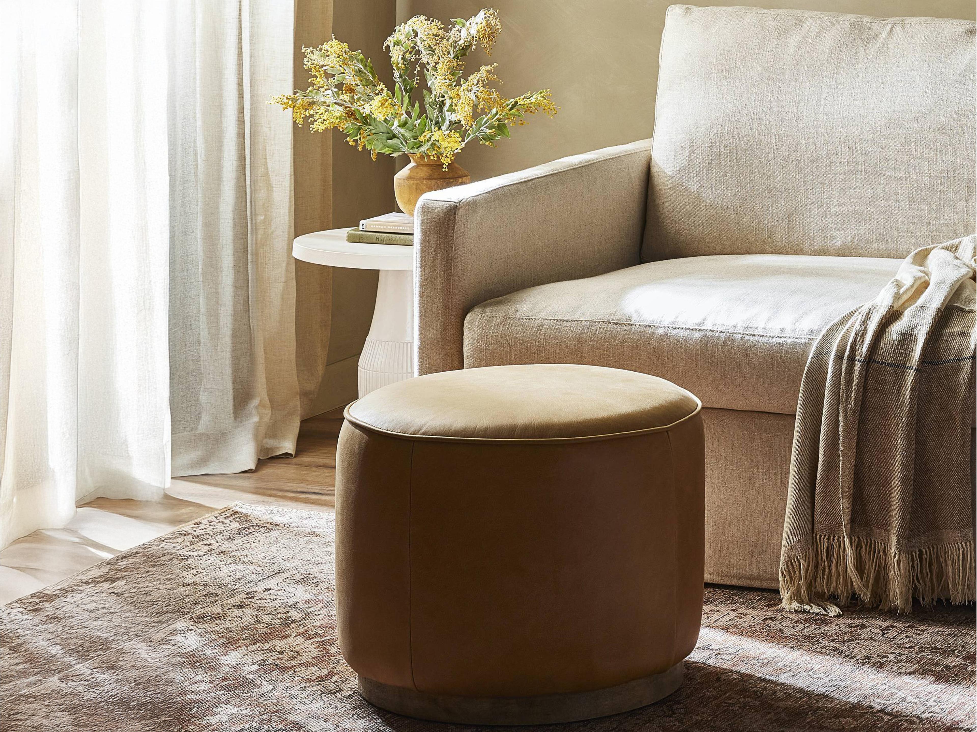 Four Hands Sinclair Westgate Distressed Natural Palermo Butterscotch Brown Leather Ottoman