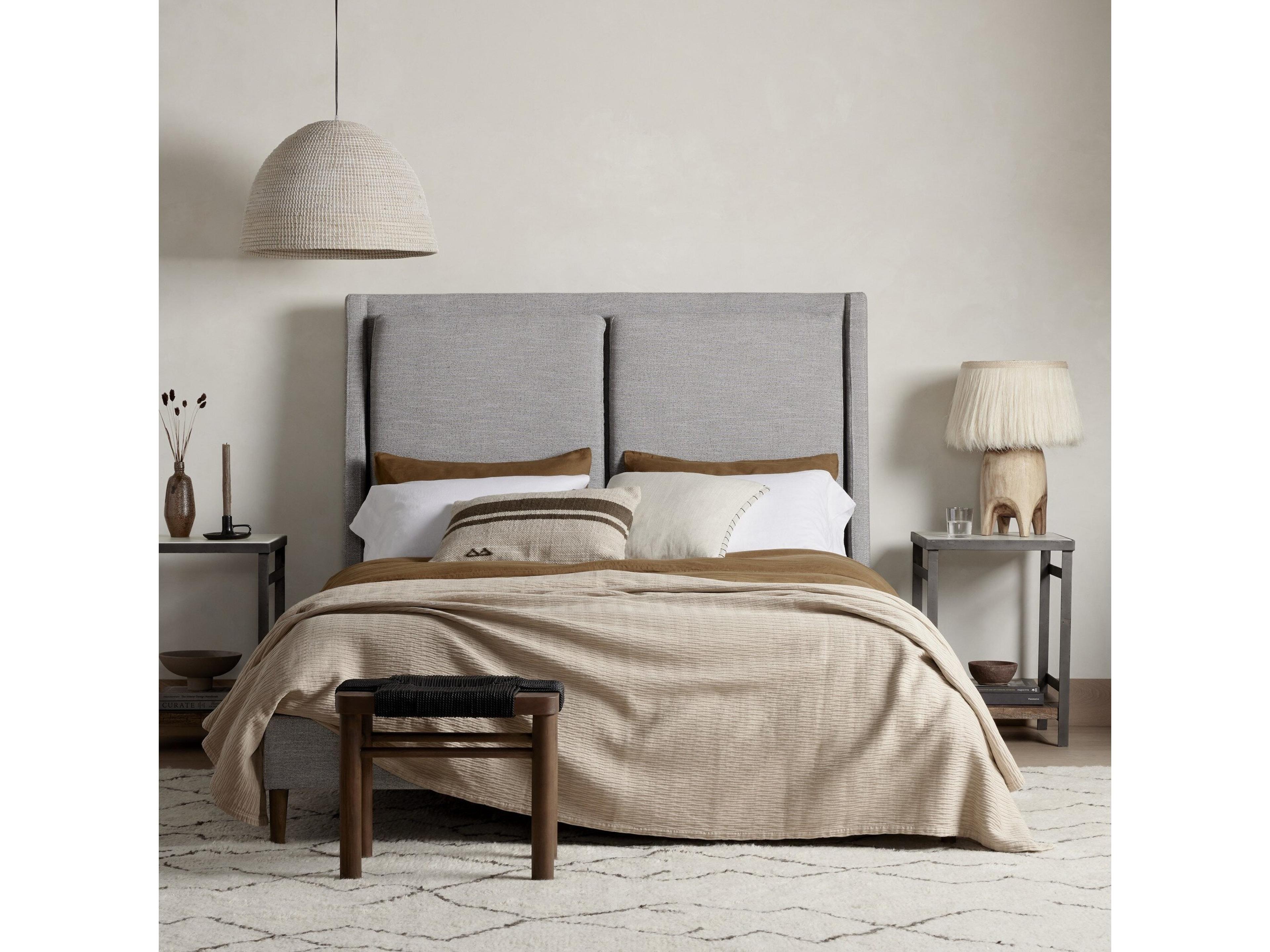Four Hands Kensington Potter Manor Grey Distressed Natural Parrawood Upholstered King Platform Bed