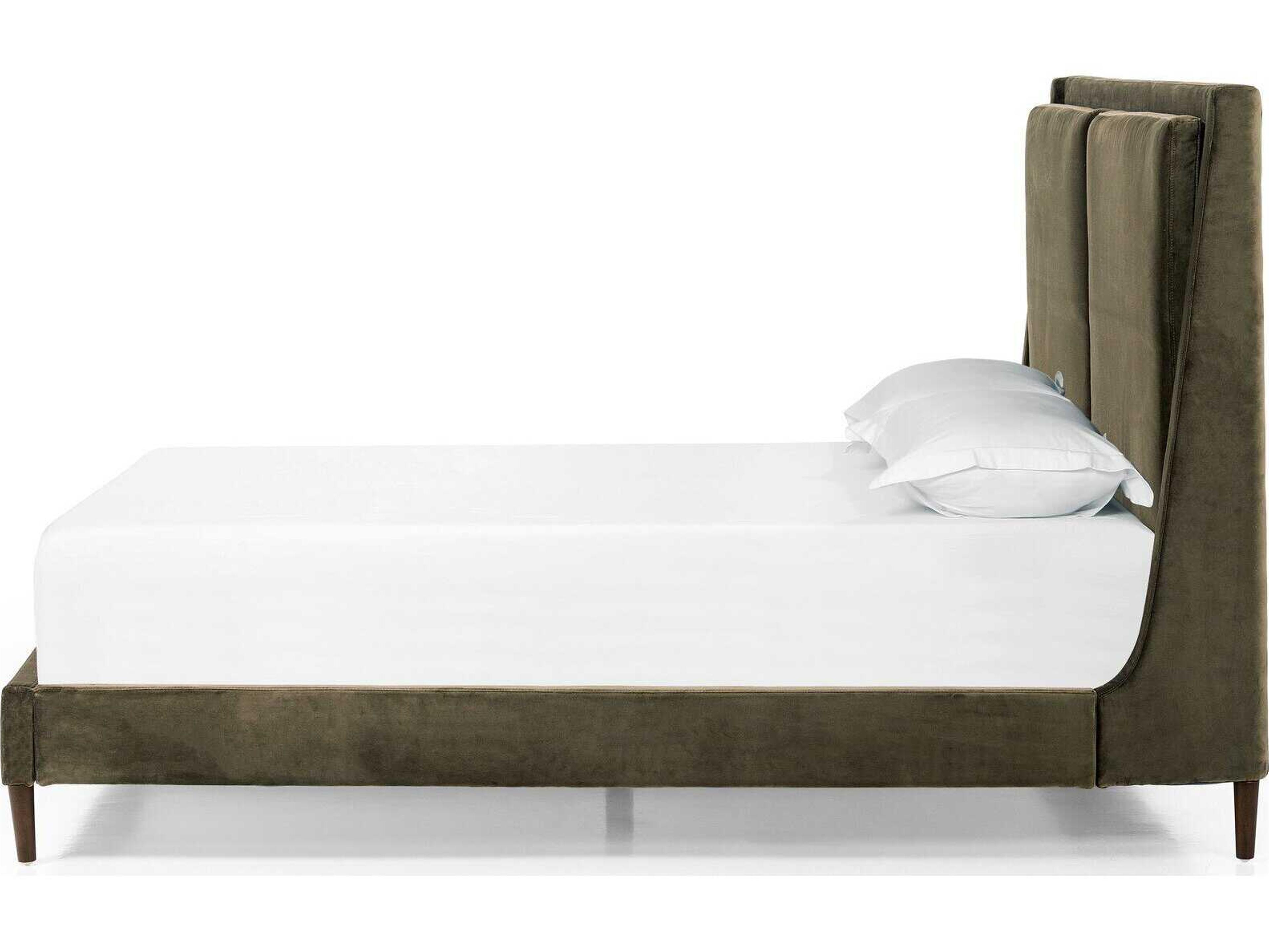 Four Hands Kensington Potter Surrey Olive Burnt Oak Green Wood Upholstered King Platform Bed