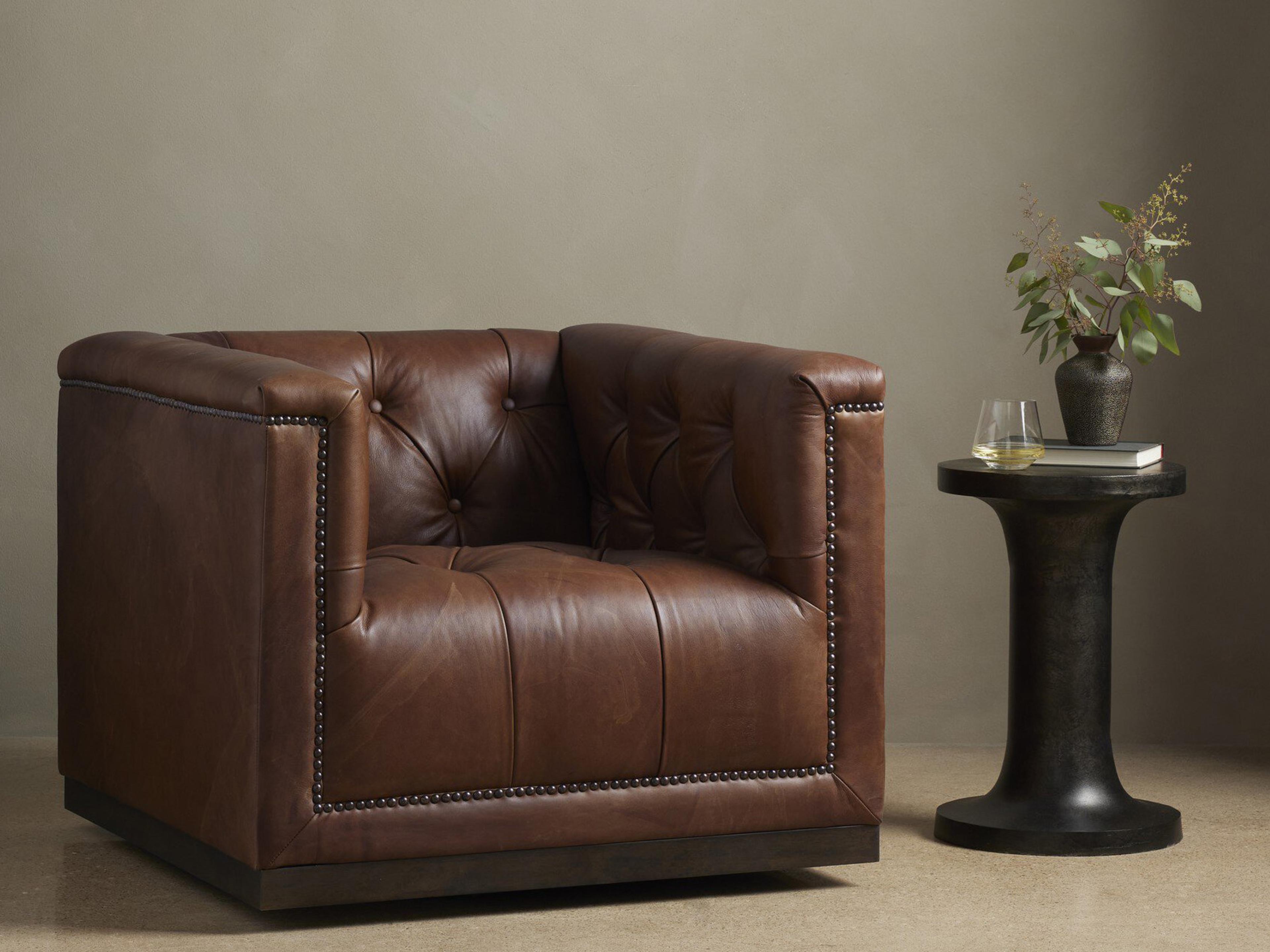 Four Hands Kensington Maxx Swivel Brown Leather Accent Chair