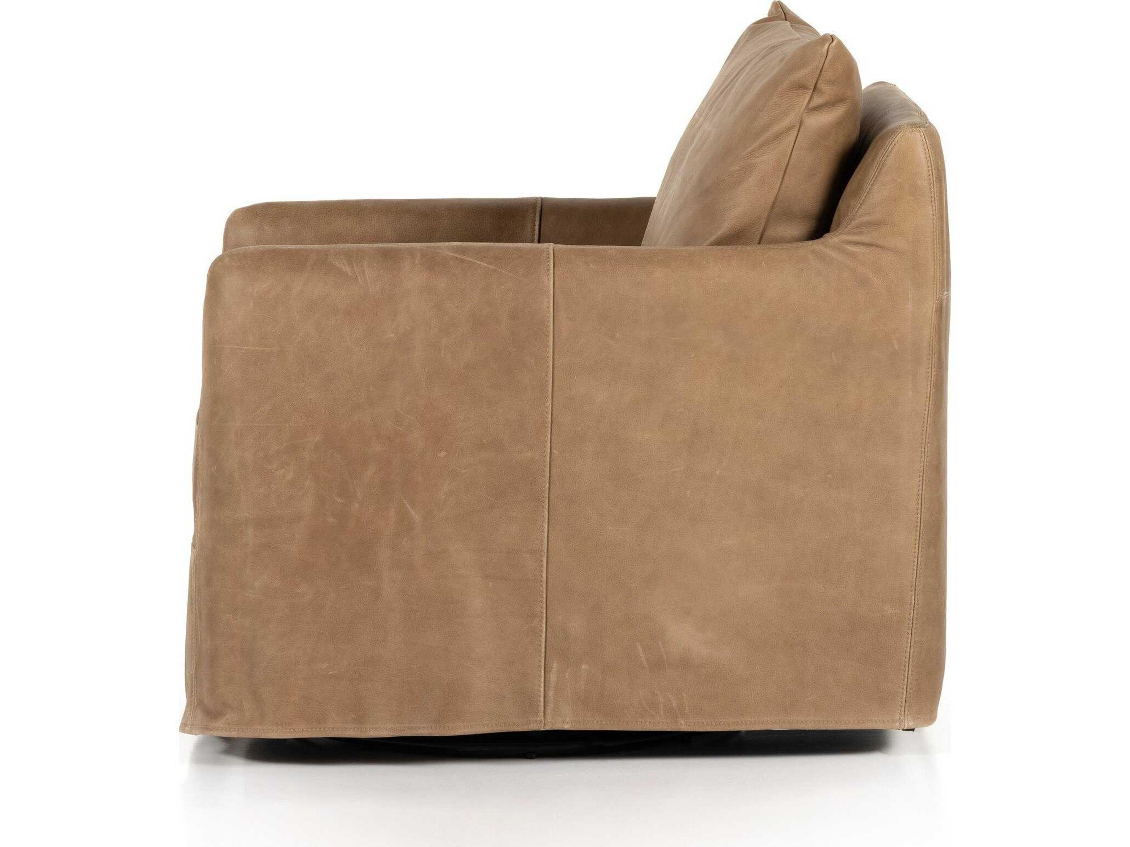 Four Hands Easton Banks Swivel Brown Leather Accent Chair