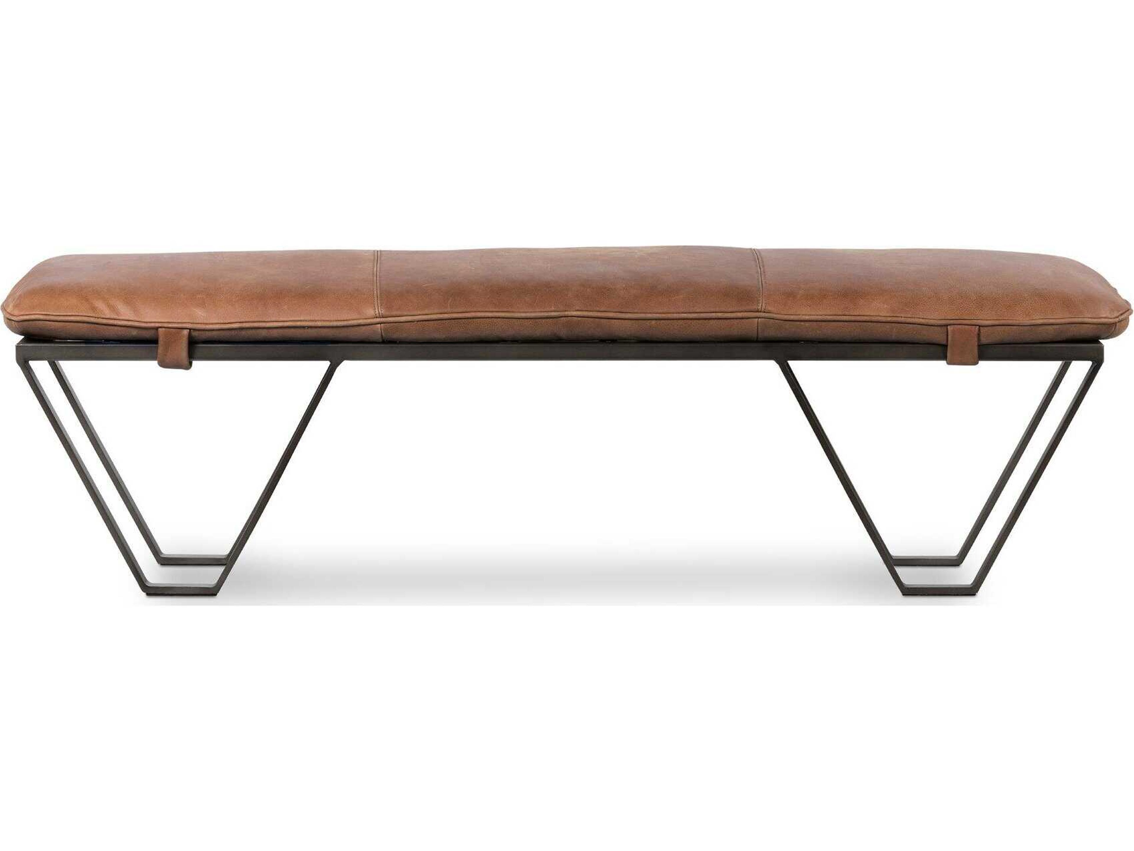 Four Hands Easton Light Gunmetal Palermo Cognac Brown Leather Accent Bench