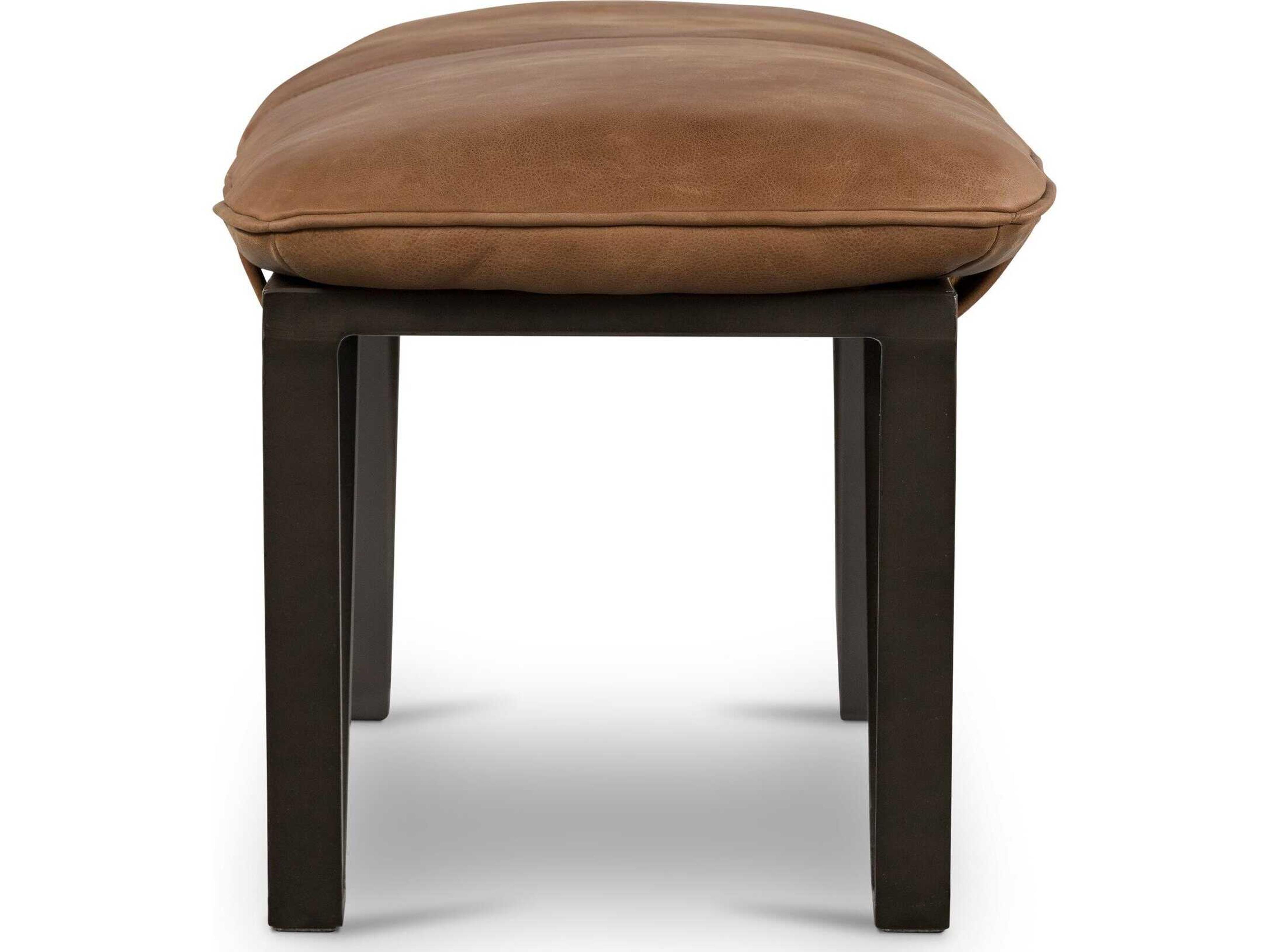 Four Hands Easton Light Gunmetal Palermo Cognac Brown Leather Accent Bench