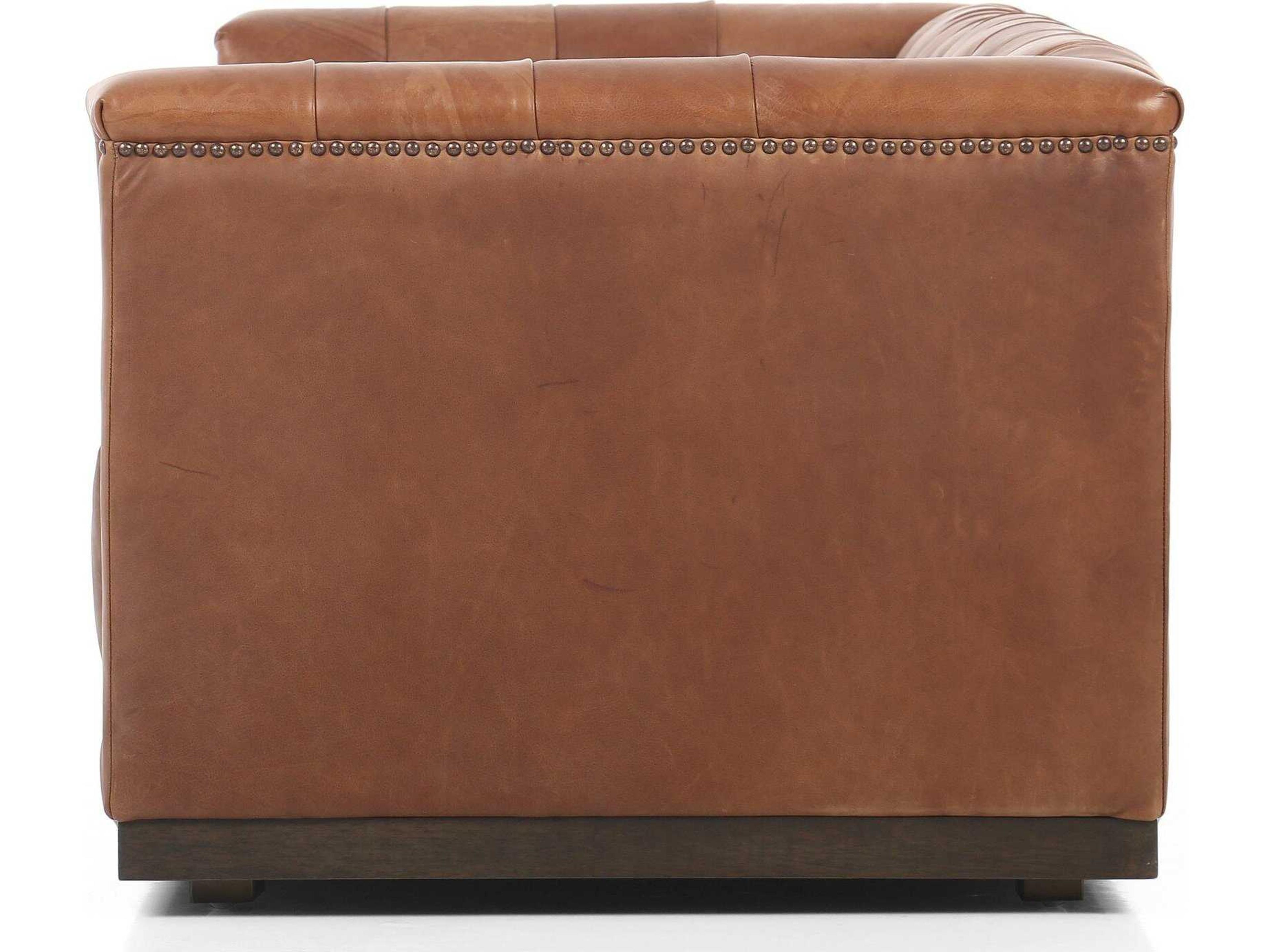 Four Hands Kensington Maxx Burnt Umber Heirloom Sienna Aged Bronze Nailhead Burgundy Leather Sofa
