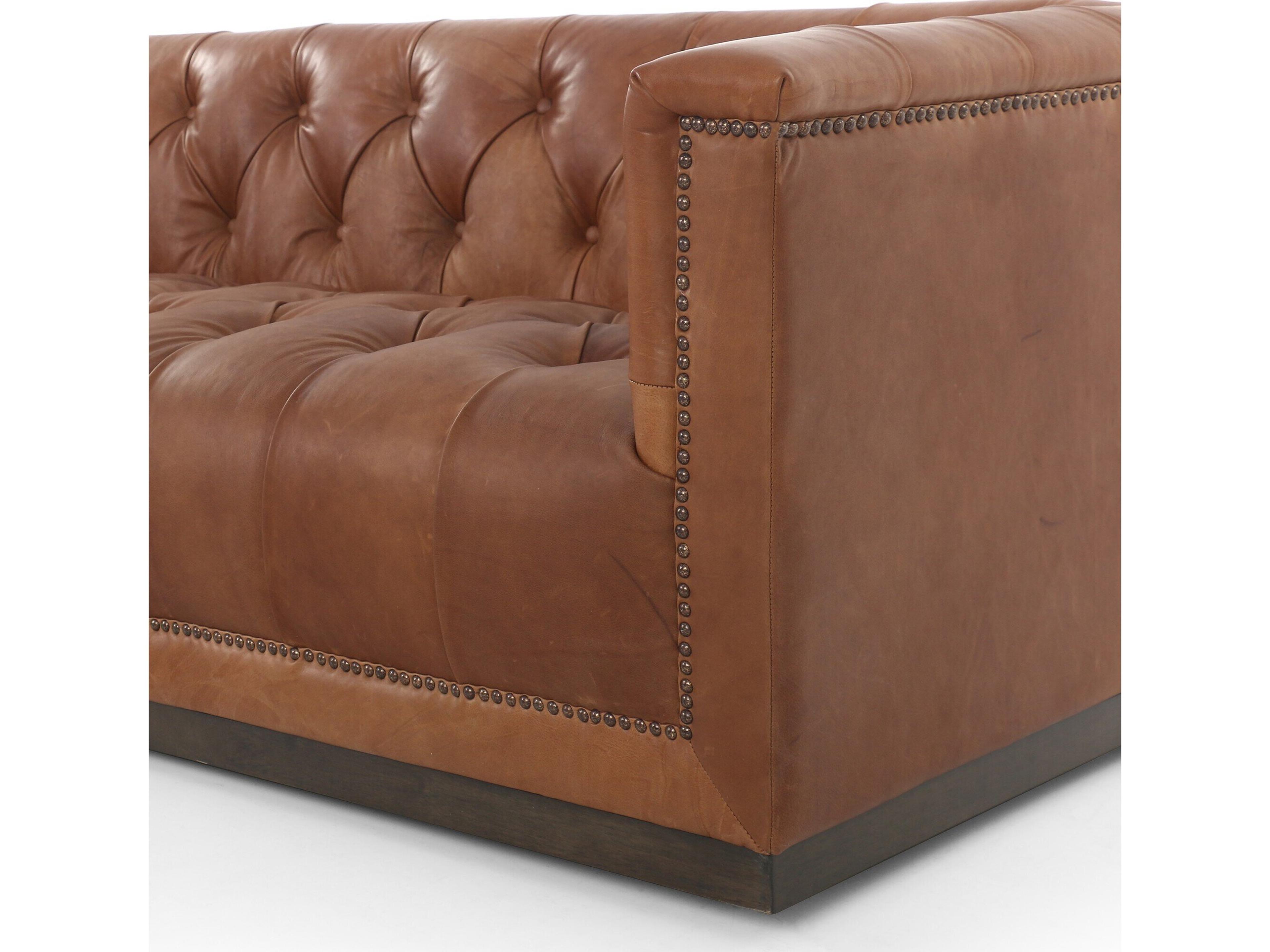Four Hands Kensington Maxx Burnt Umber Heirloom Sienna Aged Bronze Nailhead Burgundy Leather Sofa