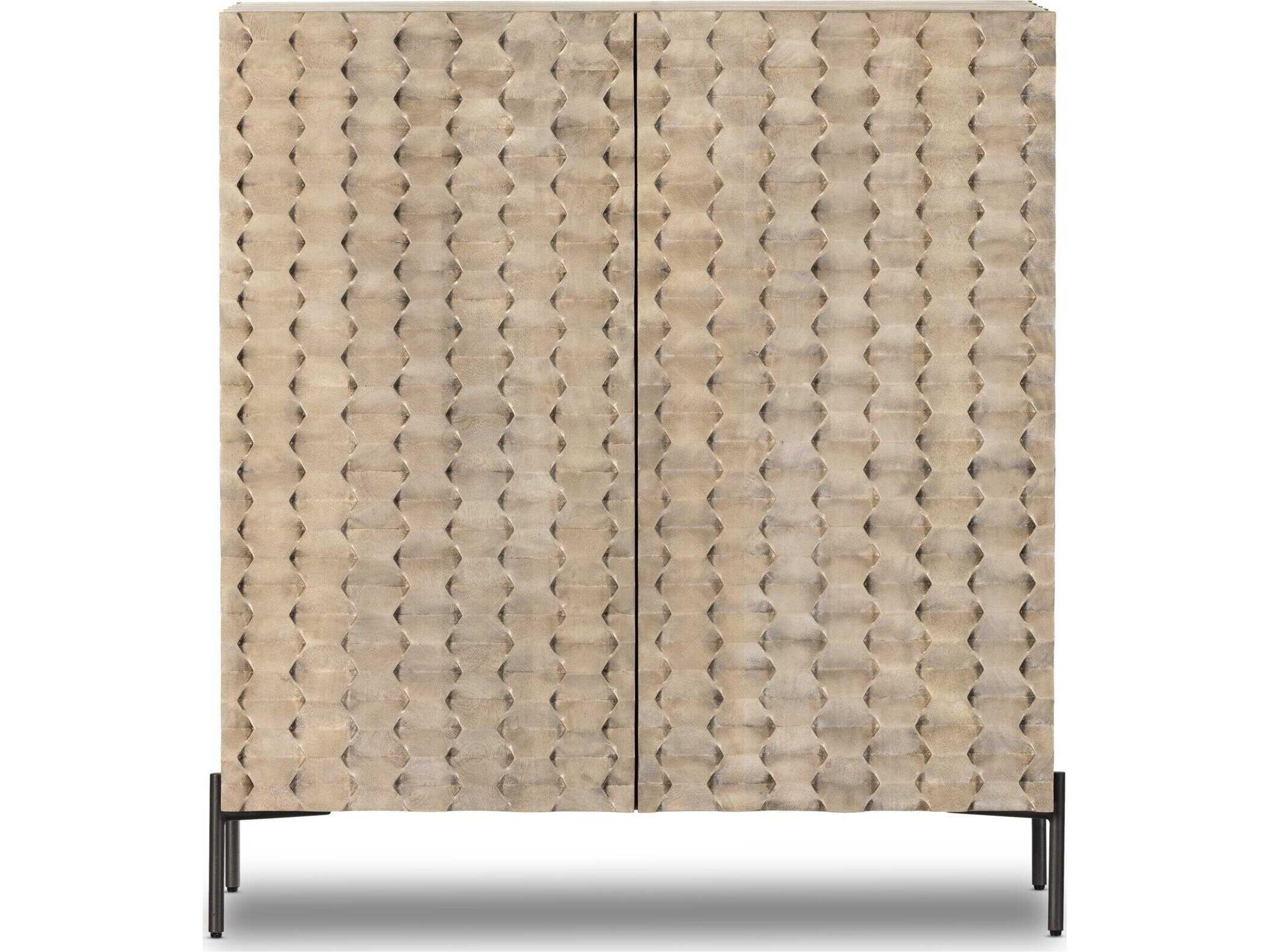 Four Hands Fallon Raffael Carved Stonewash Grey Mango Bar Cabinet