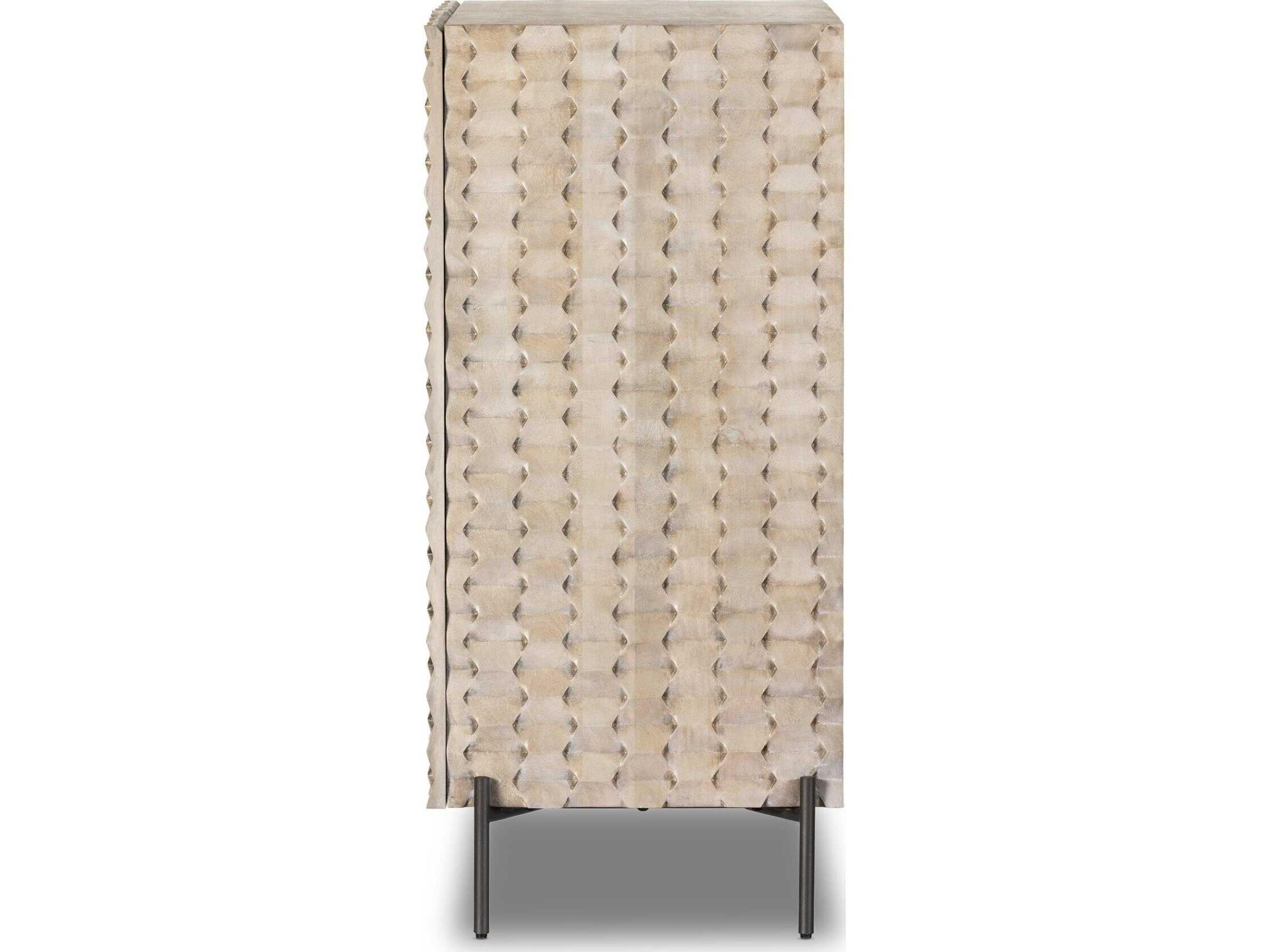 Four Hands Fallon Raffael Carved Stonewash Grey Mango Bar Cabinet