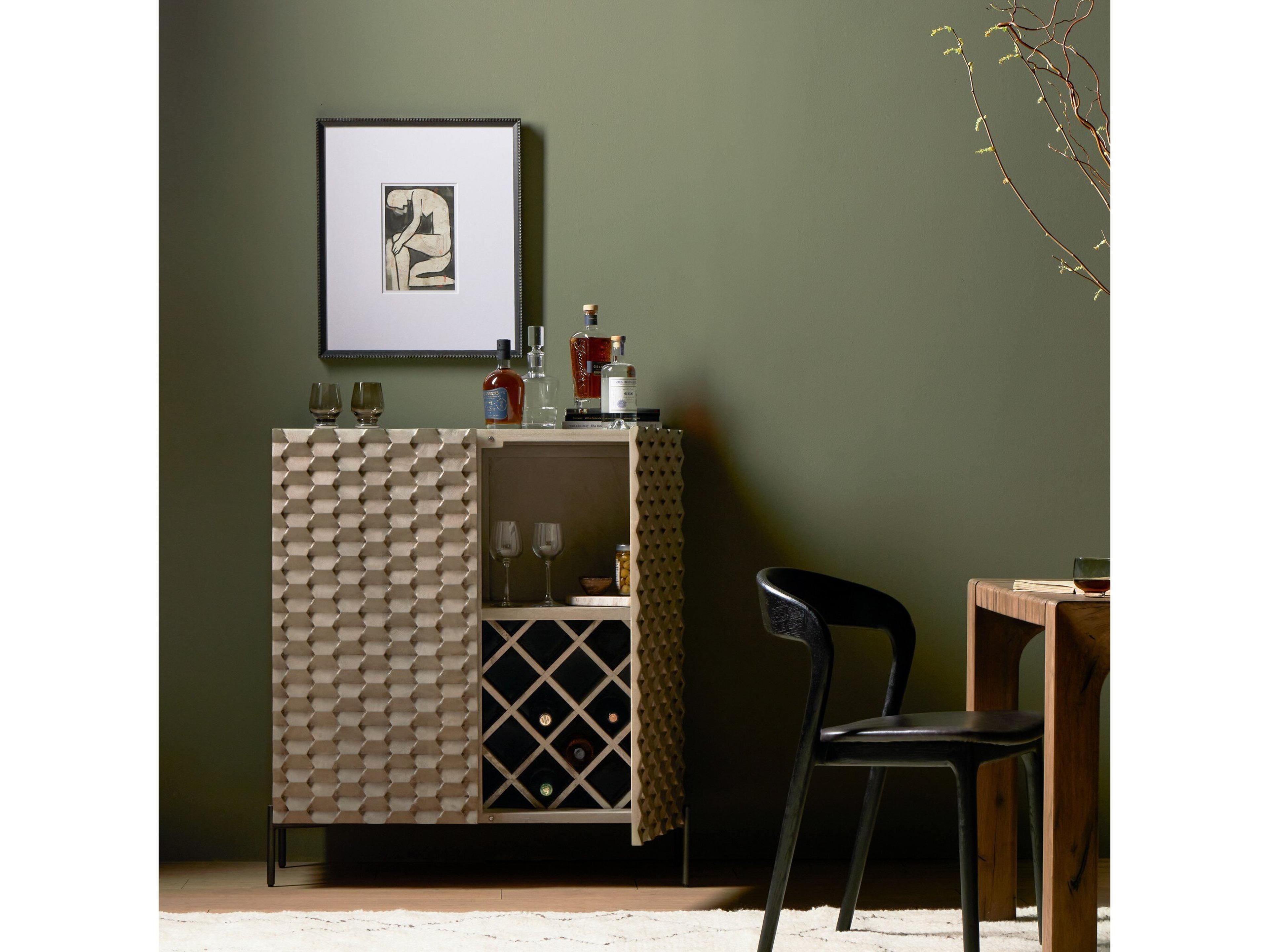 Four Hands Fallon Raffael Carved Stonewash Grey Mango Bar Cabinet