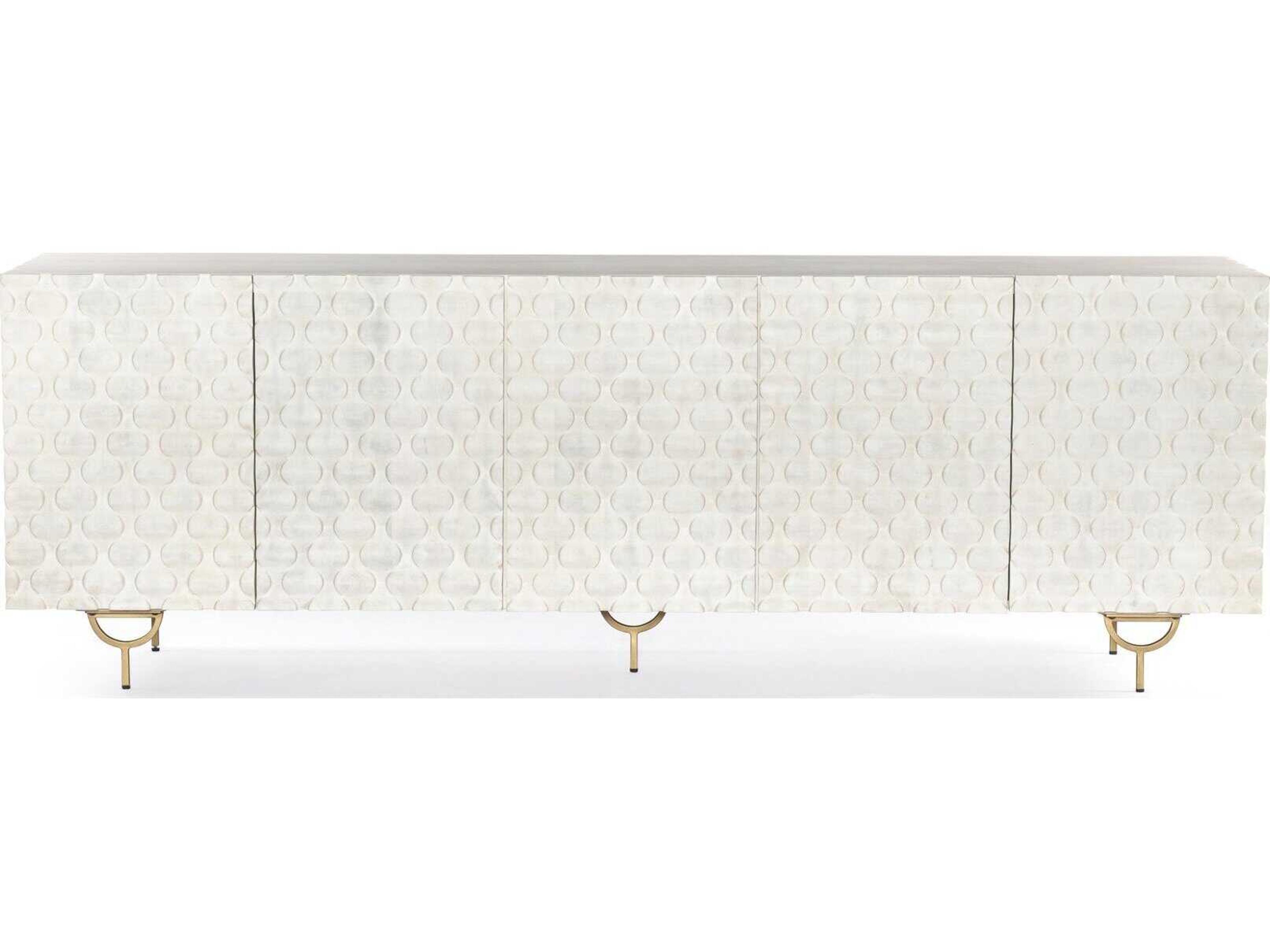 Four Hands Aiden Rio 82" Mango Wood Round Cut White Wash Antique Brass Media Console