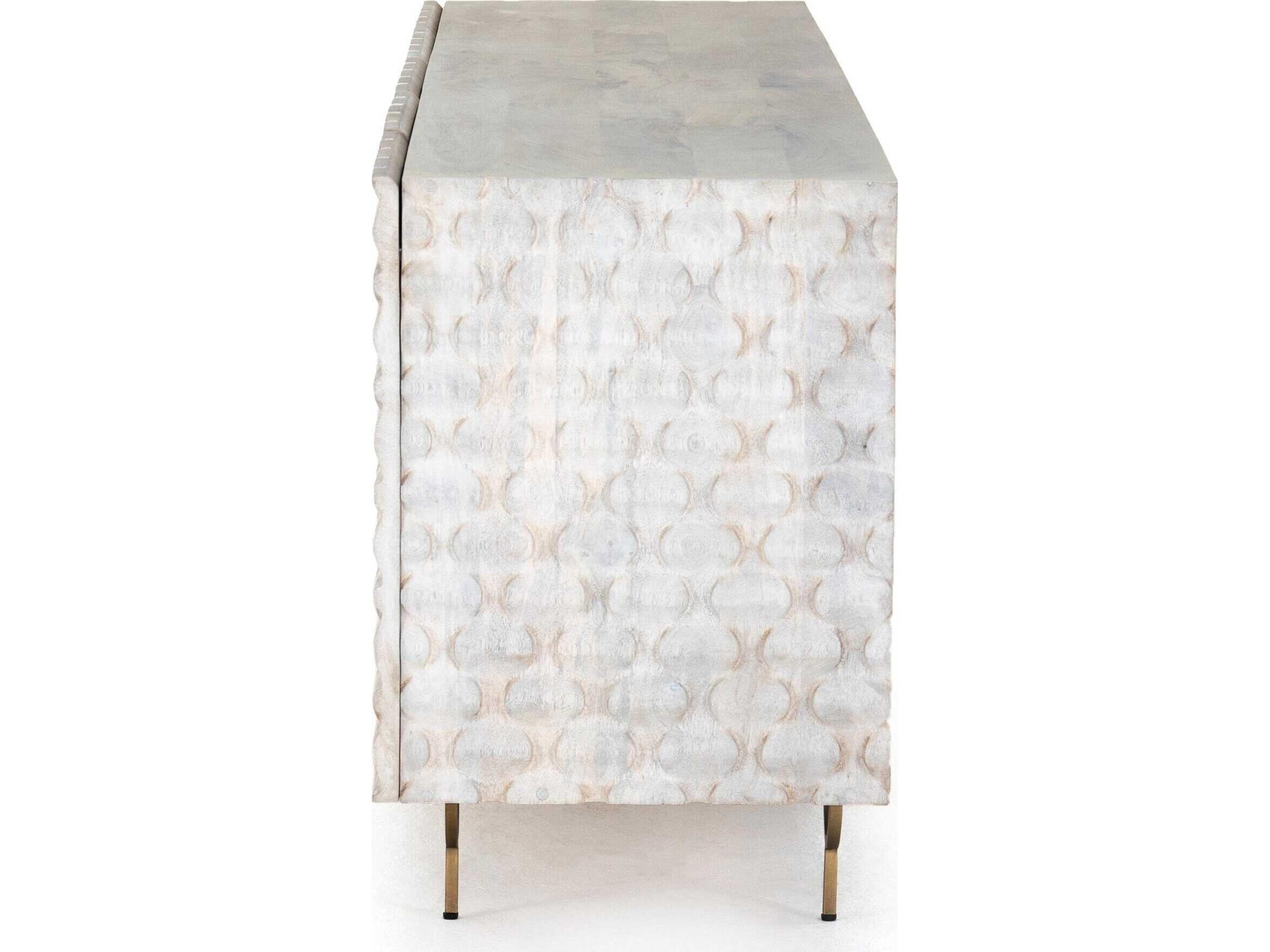 Four Hands Aiden Rio 82" Mango Wood Round Cut White Wash Antique Brass Media Console