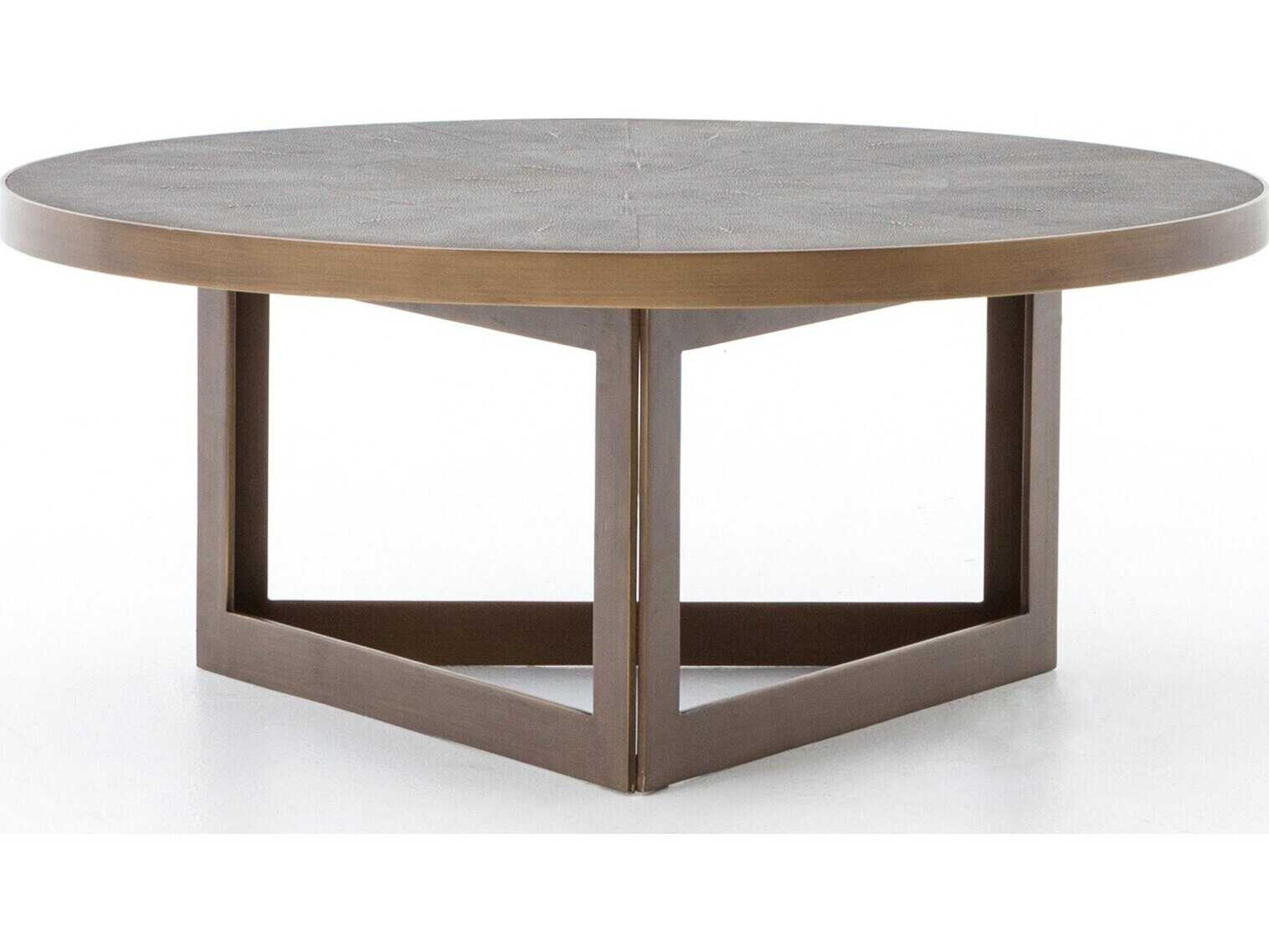 Four Hands Bentley Shagreen Round Faux Leather Antique Brass Grey Coffee Table