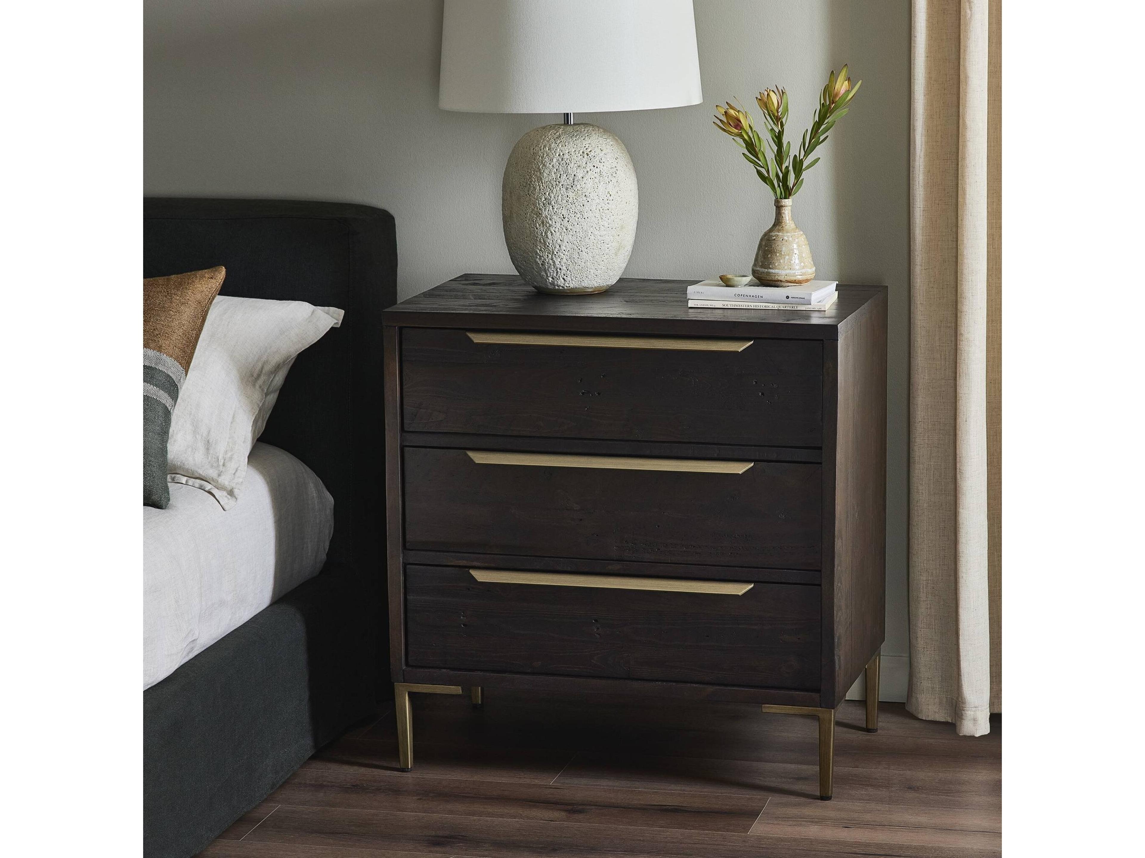 Four Hands Wyeth 3-Drawers Black Pine Wood Nightstand