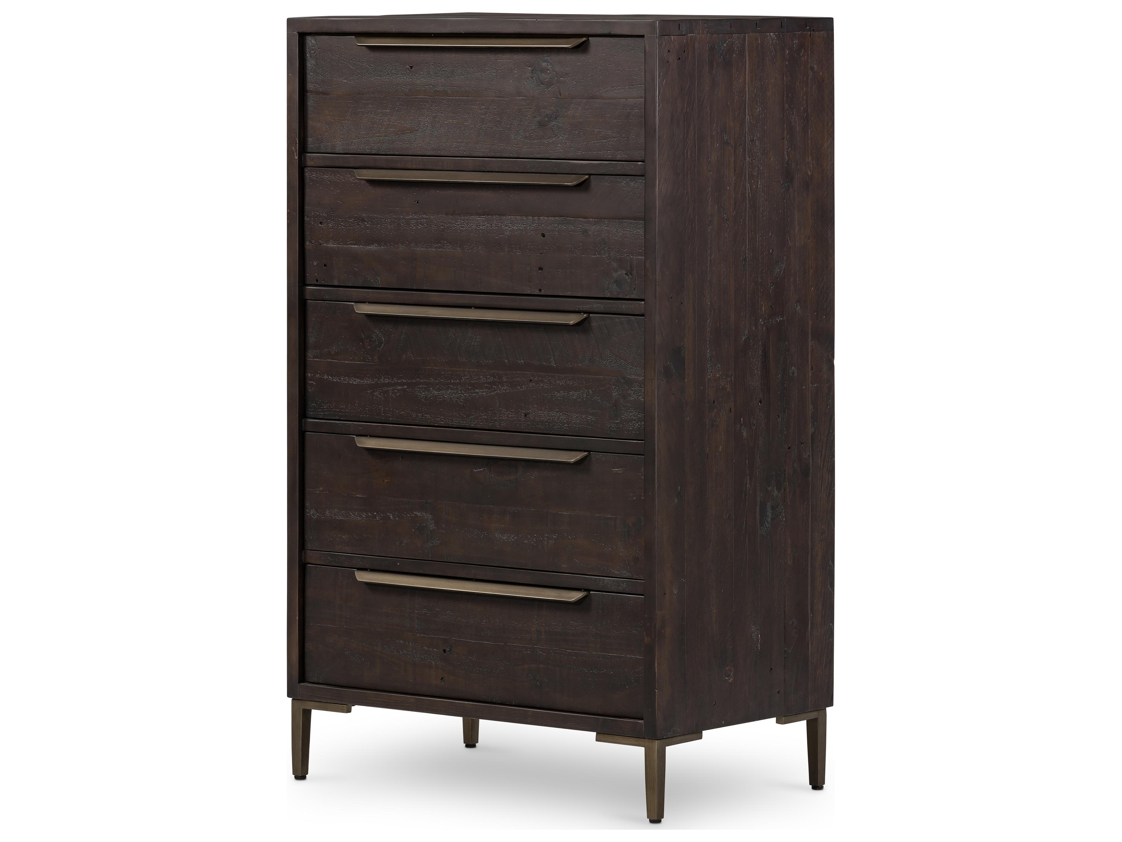 Wyeth 5-Drawers Dark Carbon Antique Brass Black Pine Wood Accent Chest