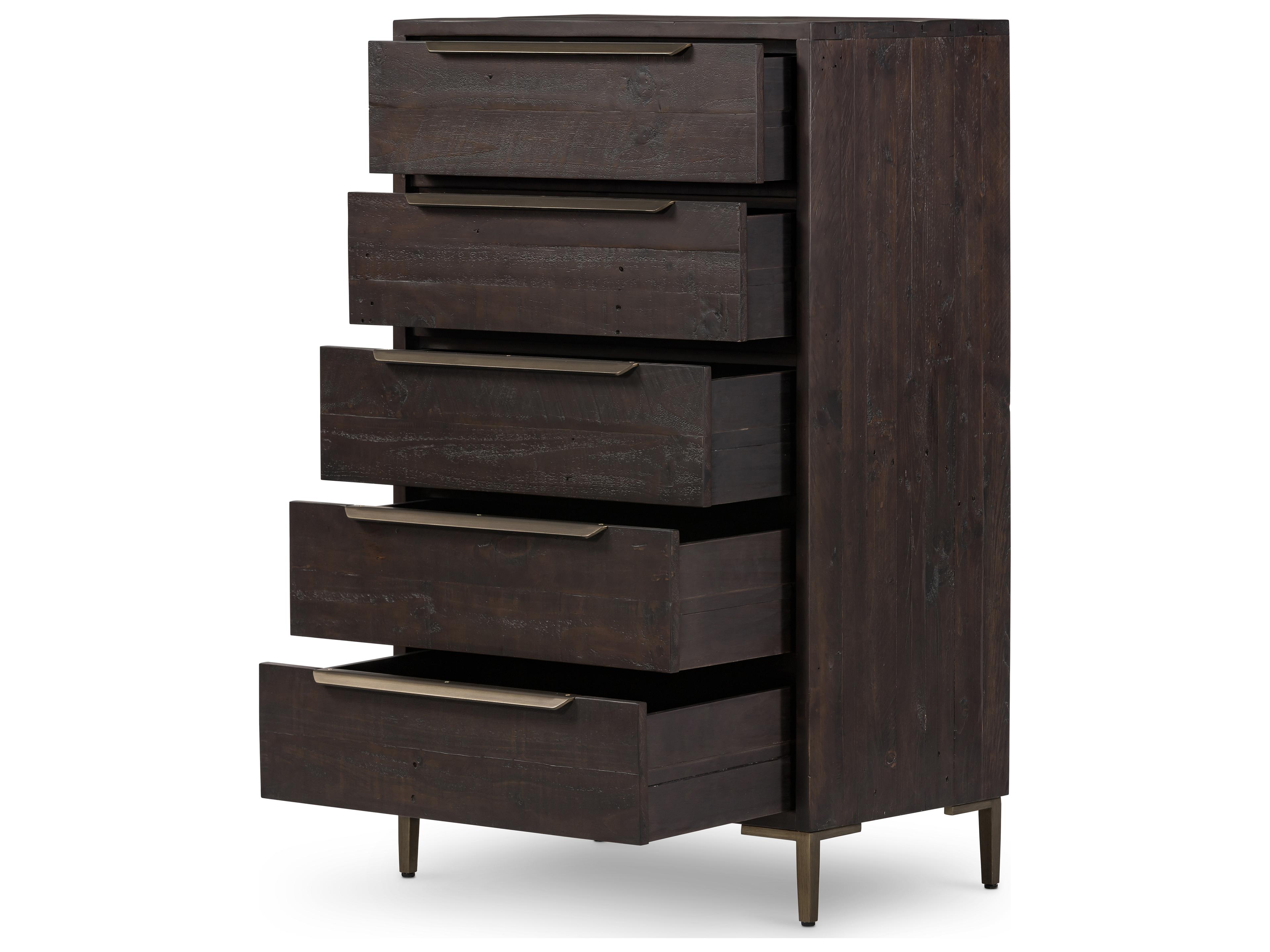 Four Hands Wyeth 5-Drawers Dark Carbon Antique Brass Black Pine Wood Accent Chest