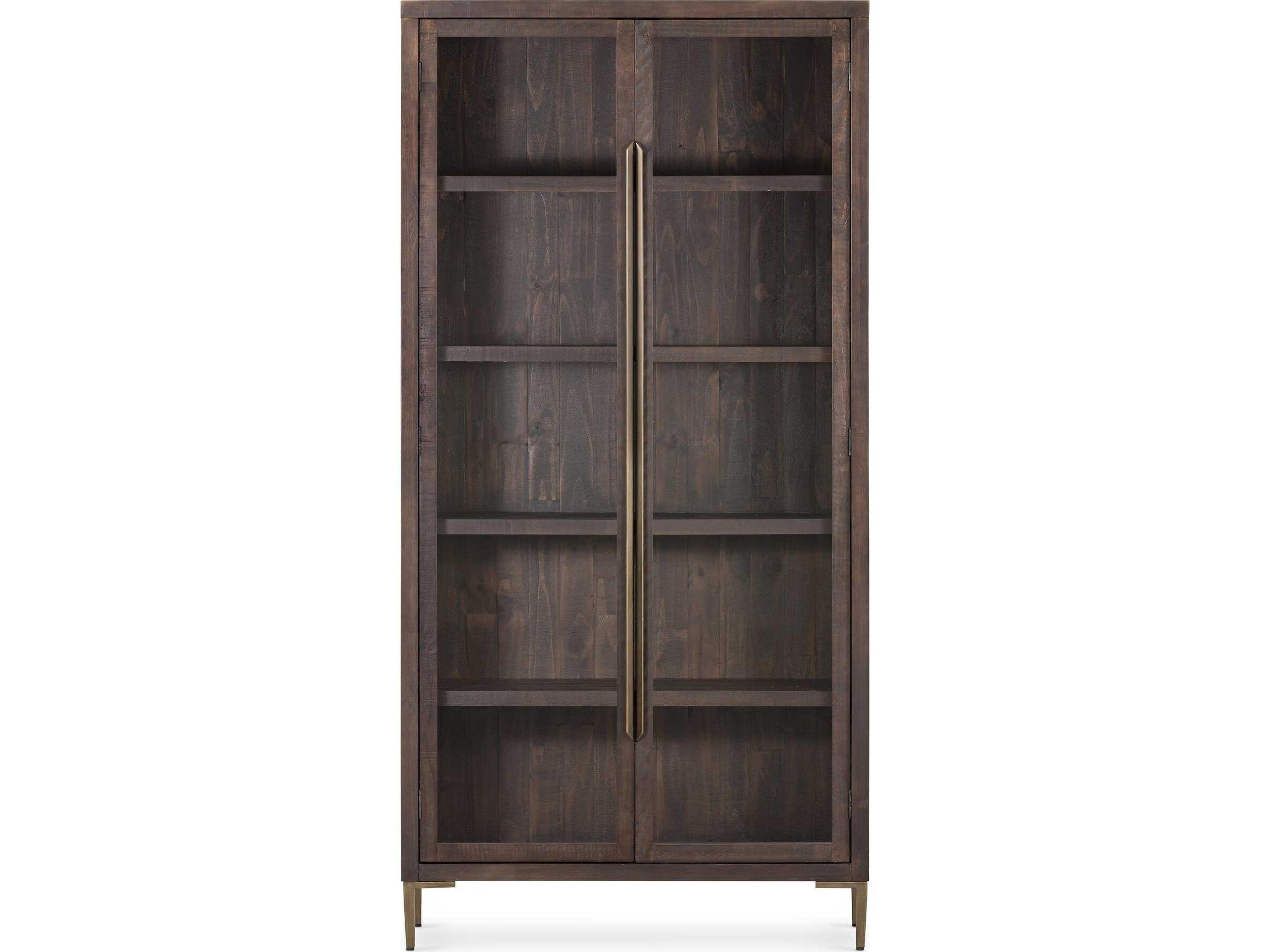 Four Hands Wyeth Pine Wood Dark Carbon Tempered Glass Antique Brass Display Cabinet