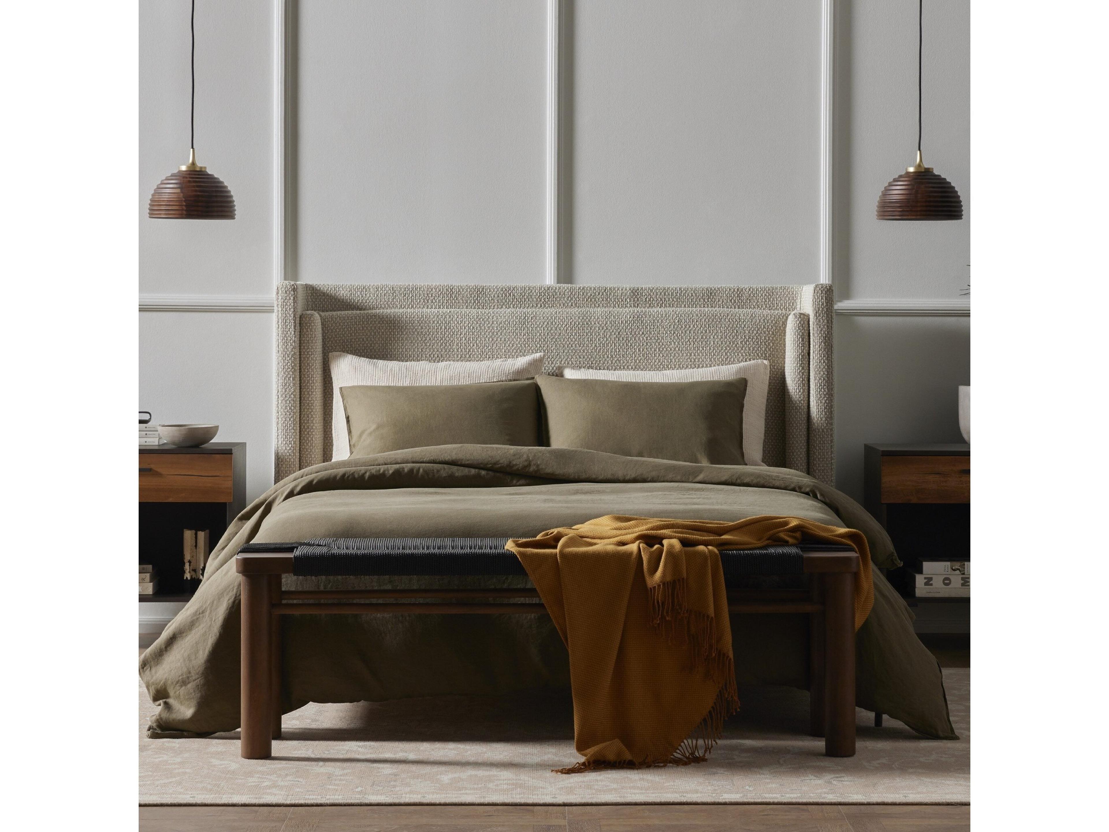 Four Hands Kensington Dobson Gunmetal Perin Oatmeal Beige Upholstered Queen Platform Bed