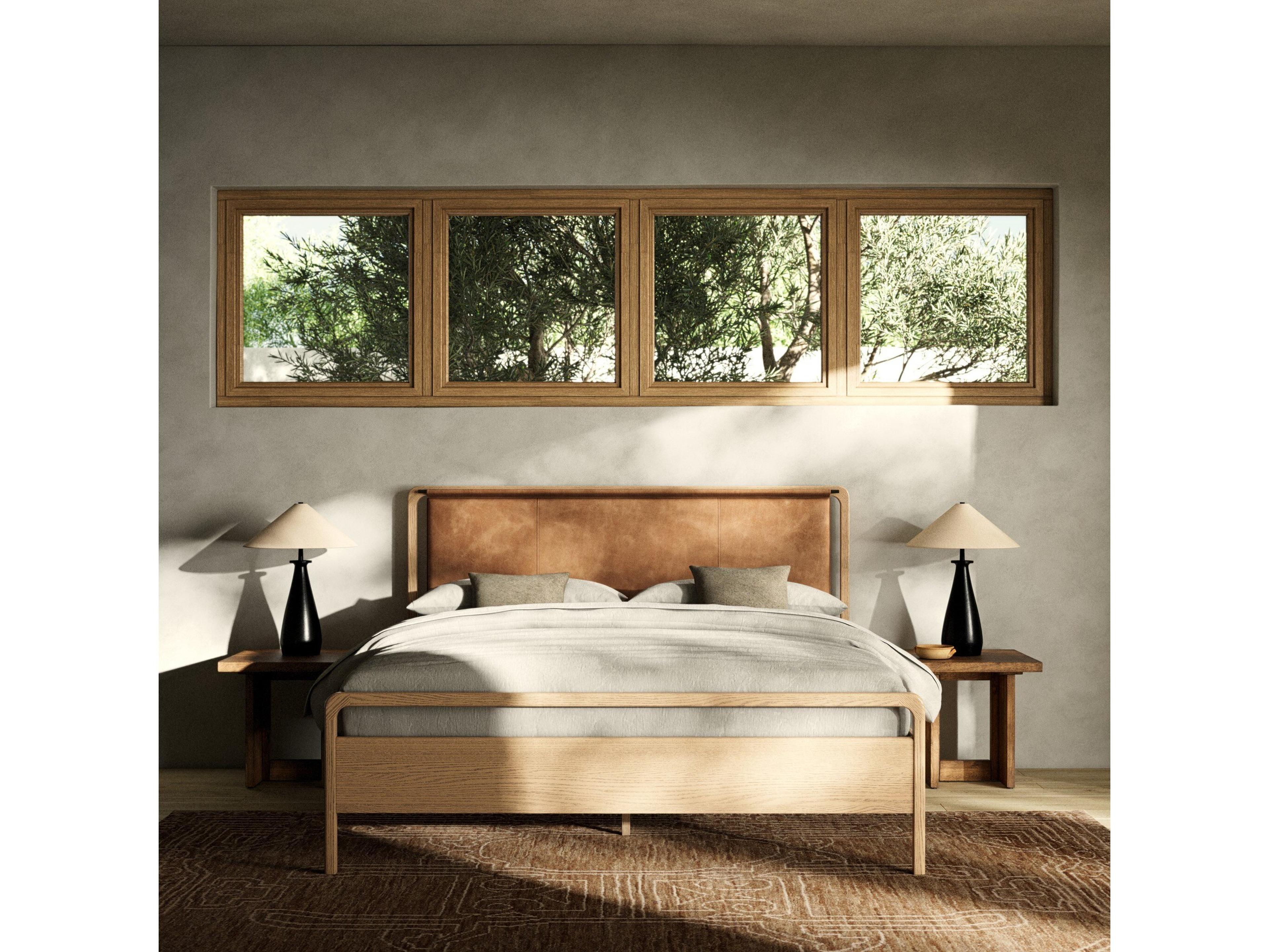 Four Hands Filmore Rosedale Yucca Oak Chaps Sand Gunmetal Brown Wood Leather King Panel Bed