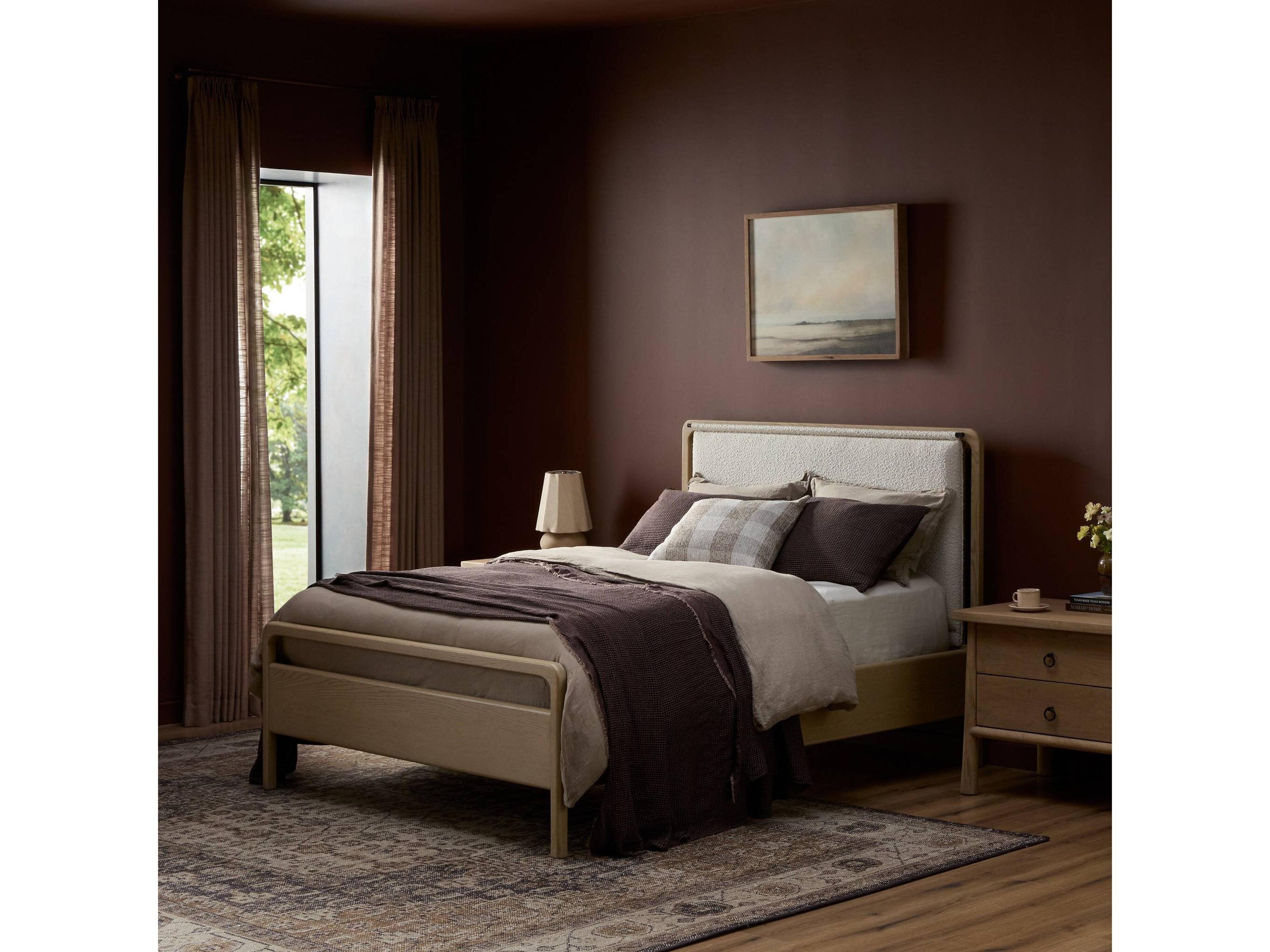 Four Hands Filmore Rosedale Yucca Oak Knoll Natural Gunmetal Beige Wood Upholstered Queen Panel Bed
