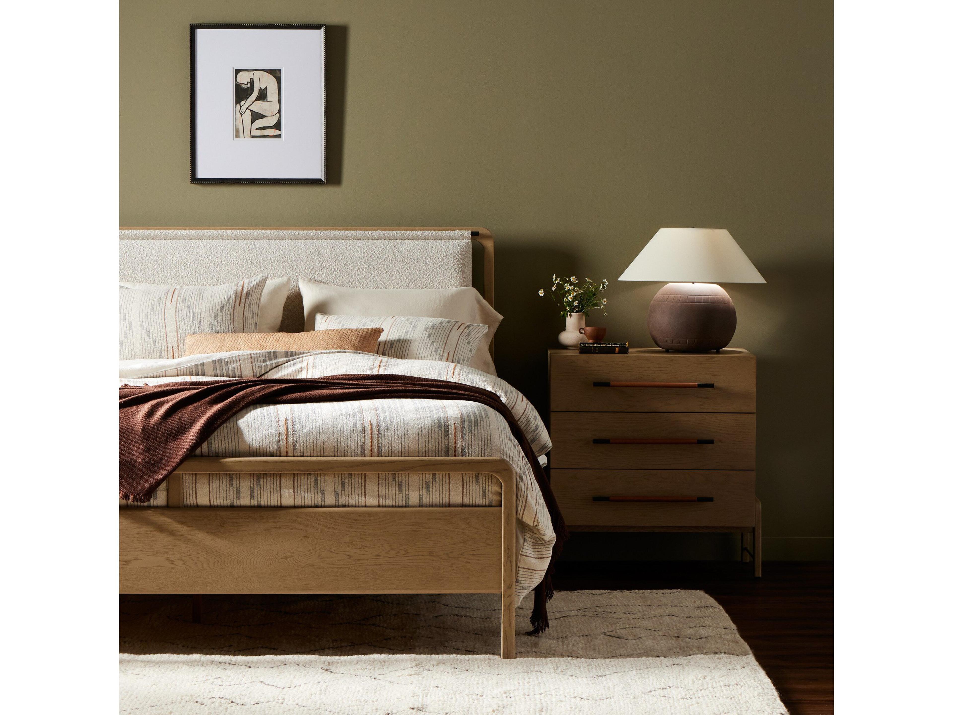 Four Hands Filmore Rosedale Yucca Oak Knoll Natural Gunmetal Beige Wood Upholstered King Panel Bed