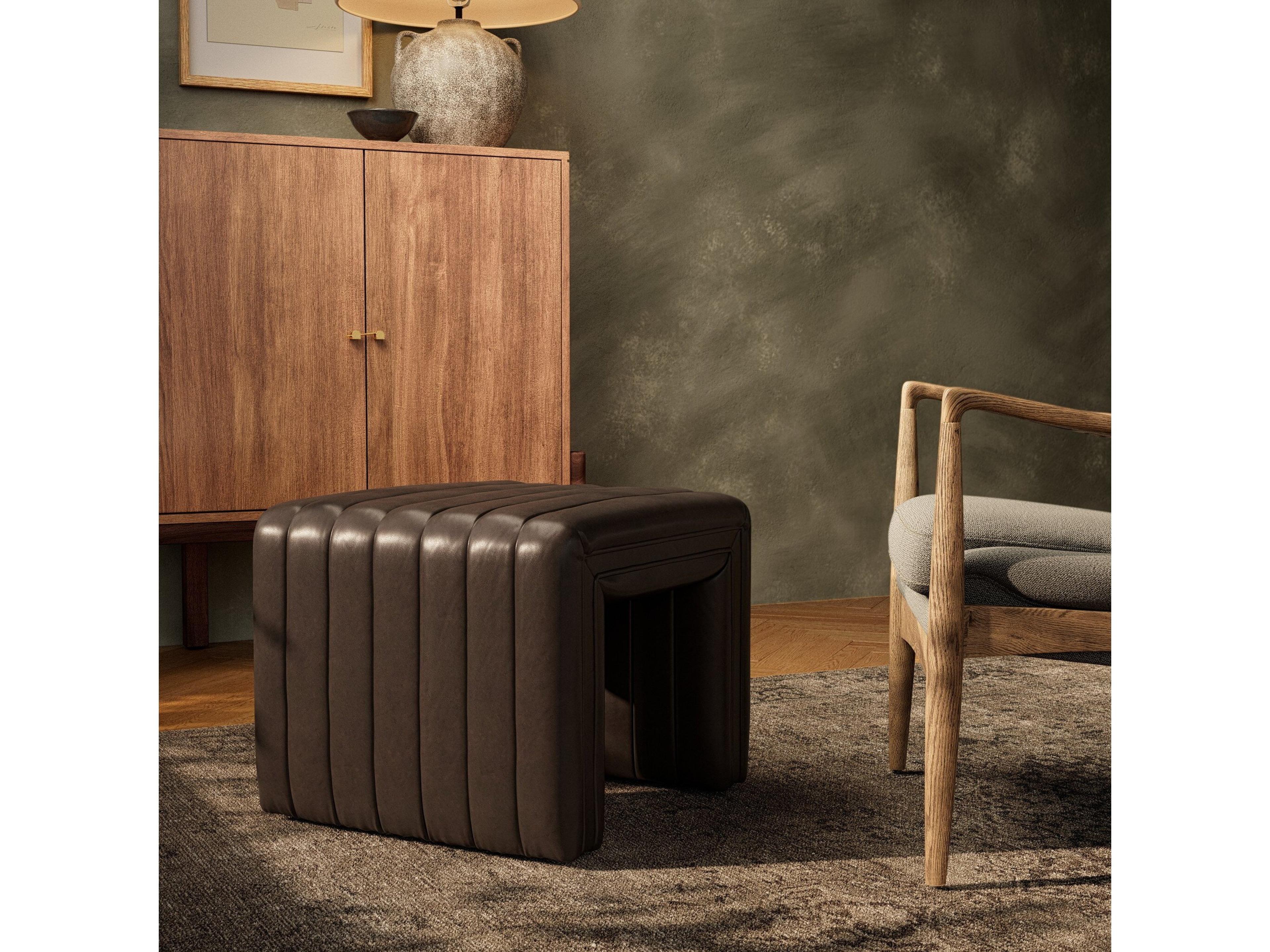 Four Hands Grayson Augustine Deacon Wolf Brown Leather Ottoman