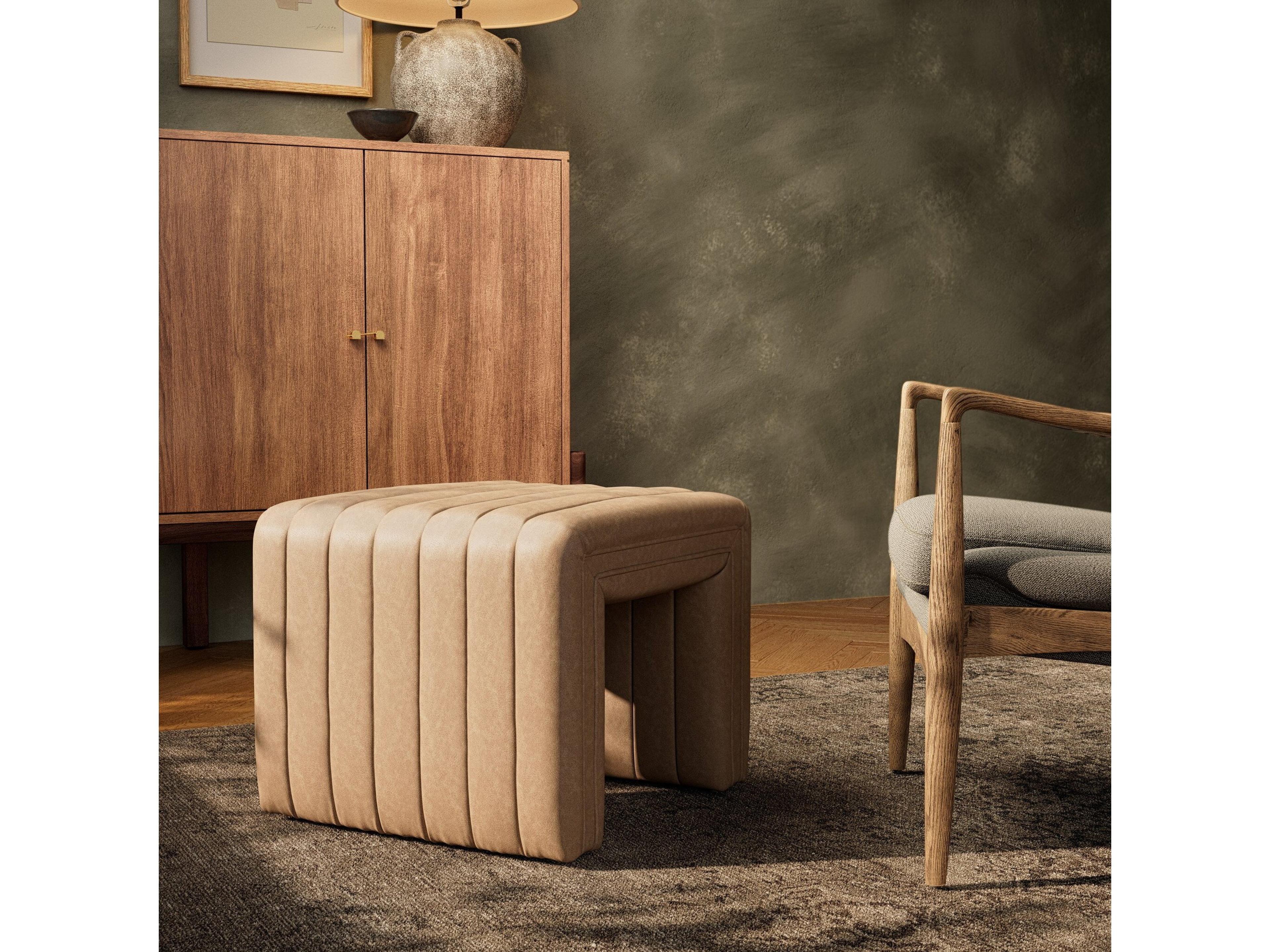 Four Hands Grayson Augustine Palermo Drift Brown Leather Ottoman