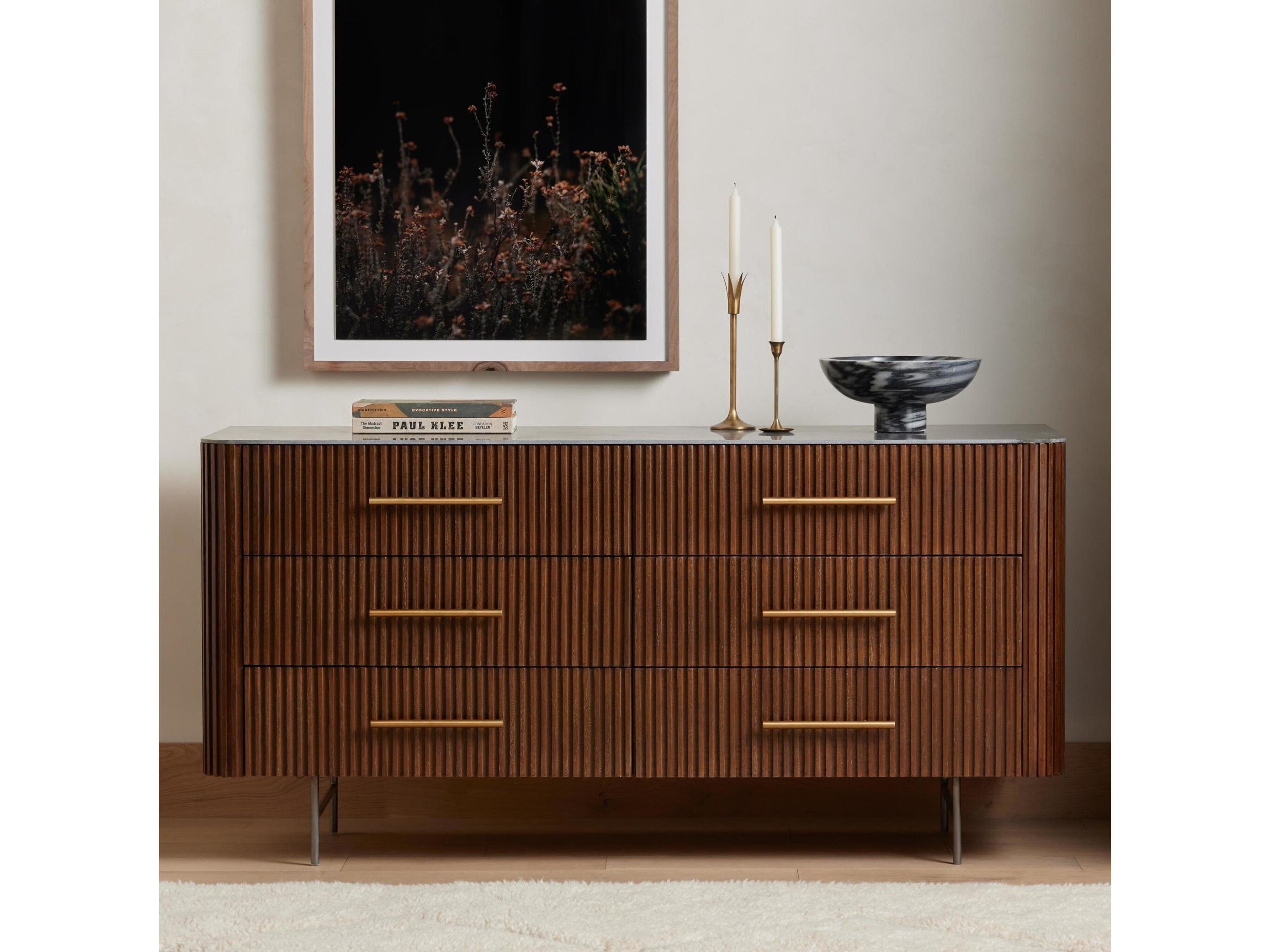 Four Hands Collins Fletcher 6-Drawers Brass Oak Wood Double Dresser