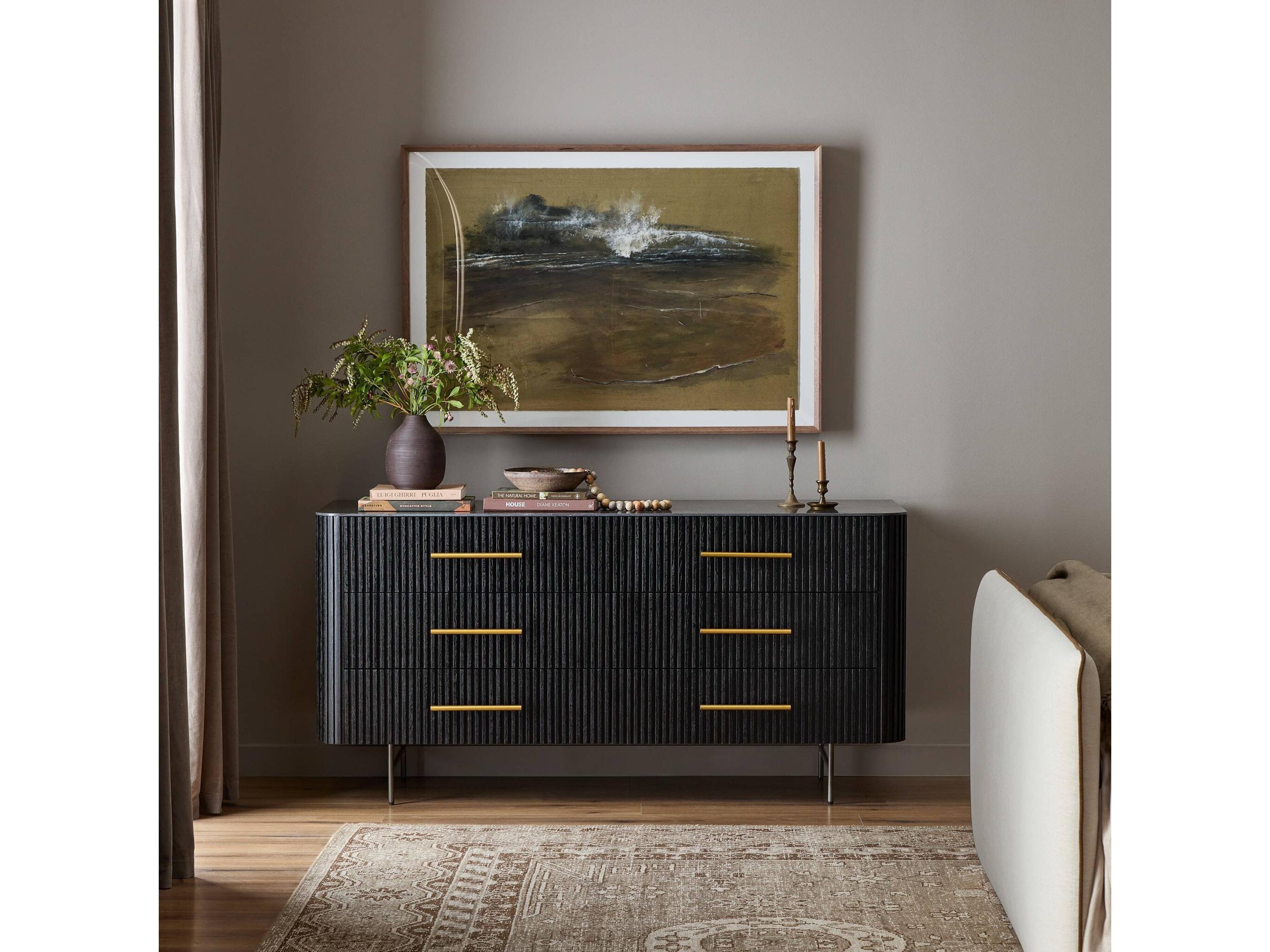 Four Hands Collins Fletcher Distressed Black Oak Wood 6 Drawer Dresser