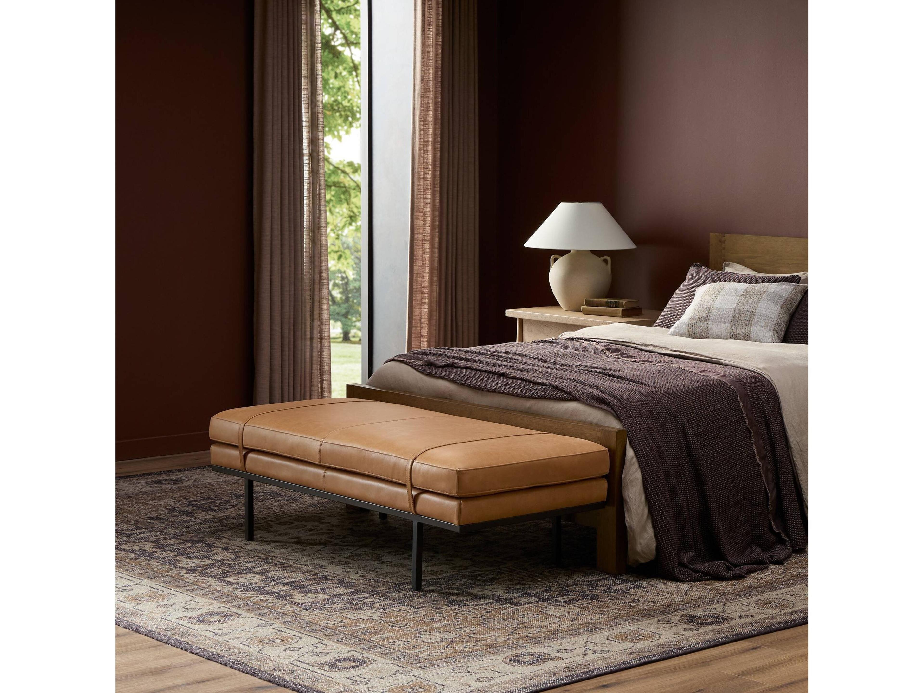 Four Hands Westgate Gunmetal Palermo Cognac Brown Leather Accent Bench