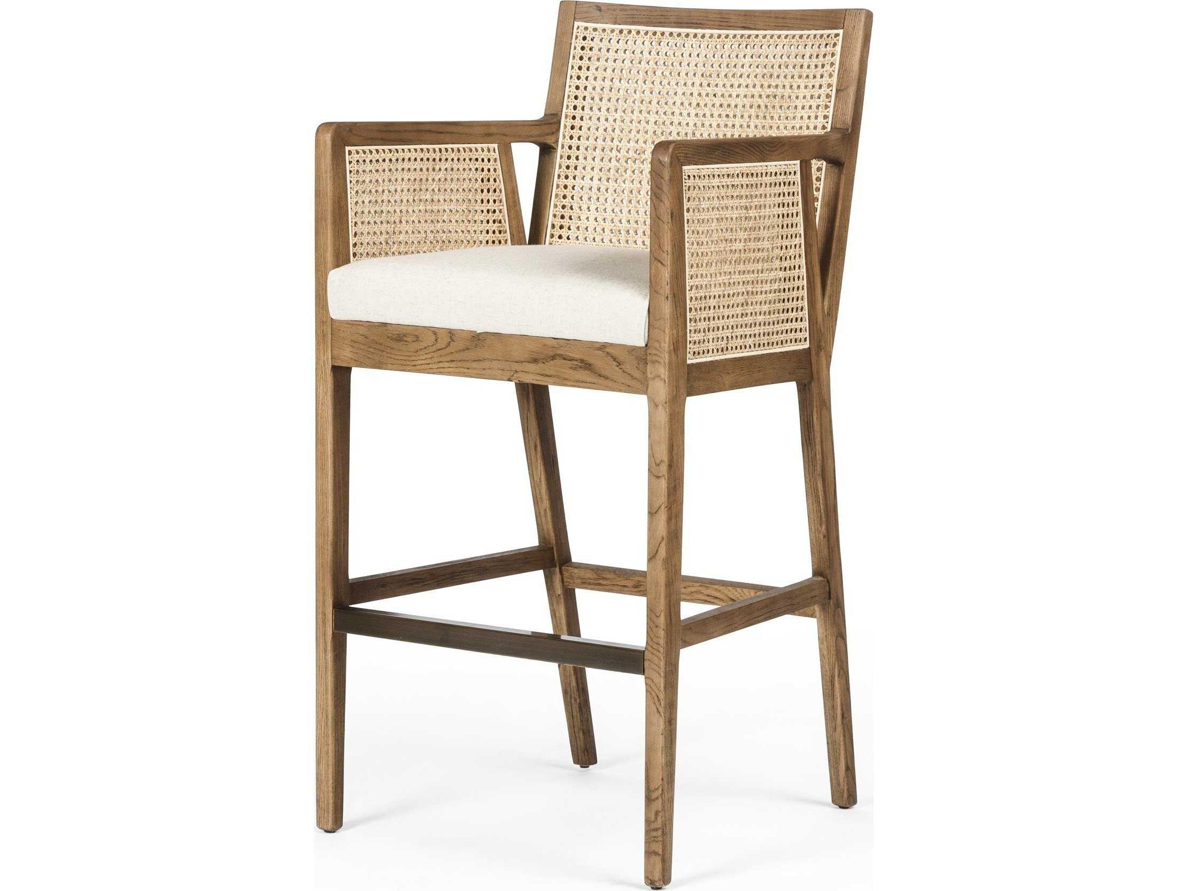 Belfast Antonia Upholstered Solid Wood Light Natural Cane Toasted Parawood Brass Kickplate Savile Flax Bar Stool