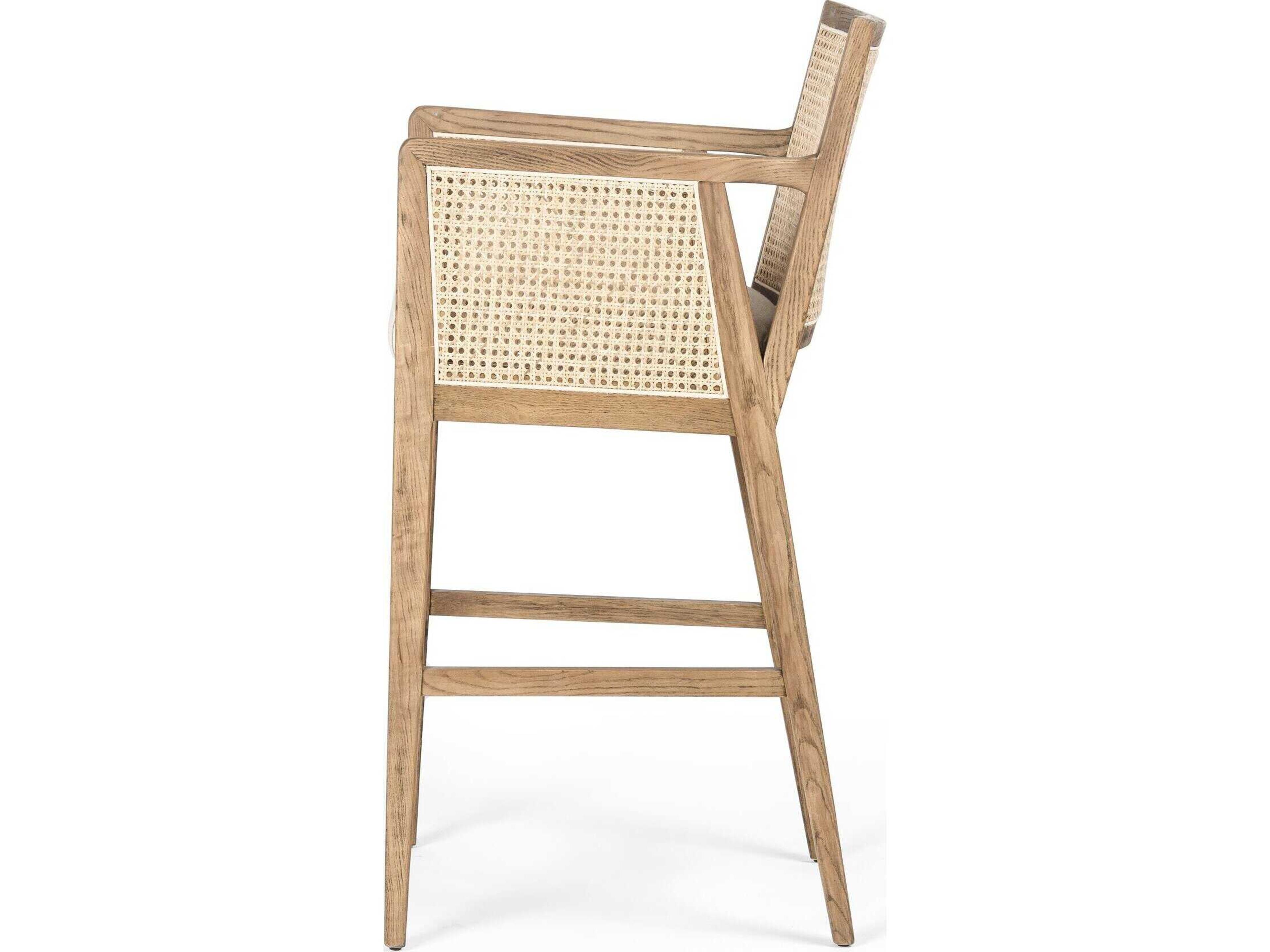 Four Hands Belfast Antonia Upholstered Solid Wood Light Natural Cane Toasted Parawood Brass Kickplate Savile Flax Bar Stool