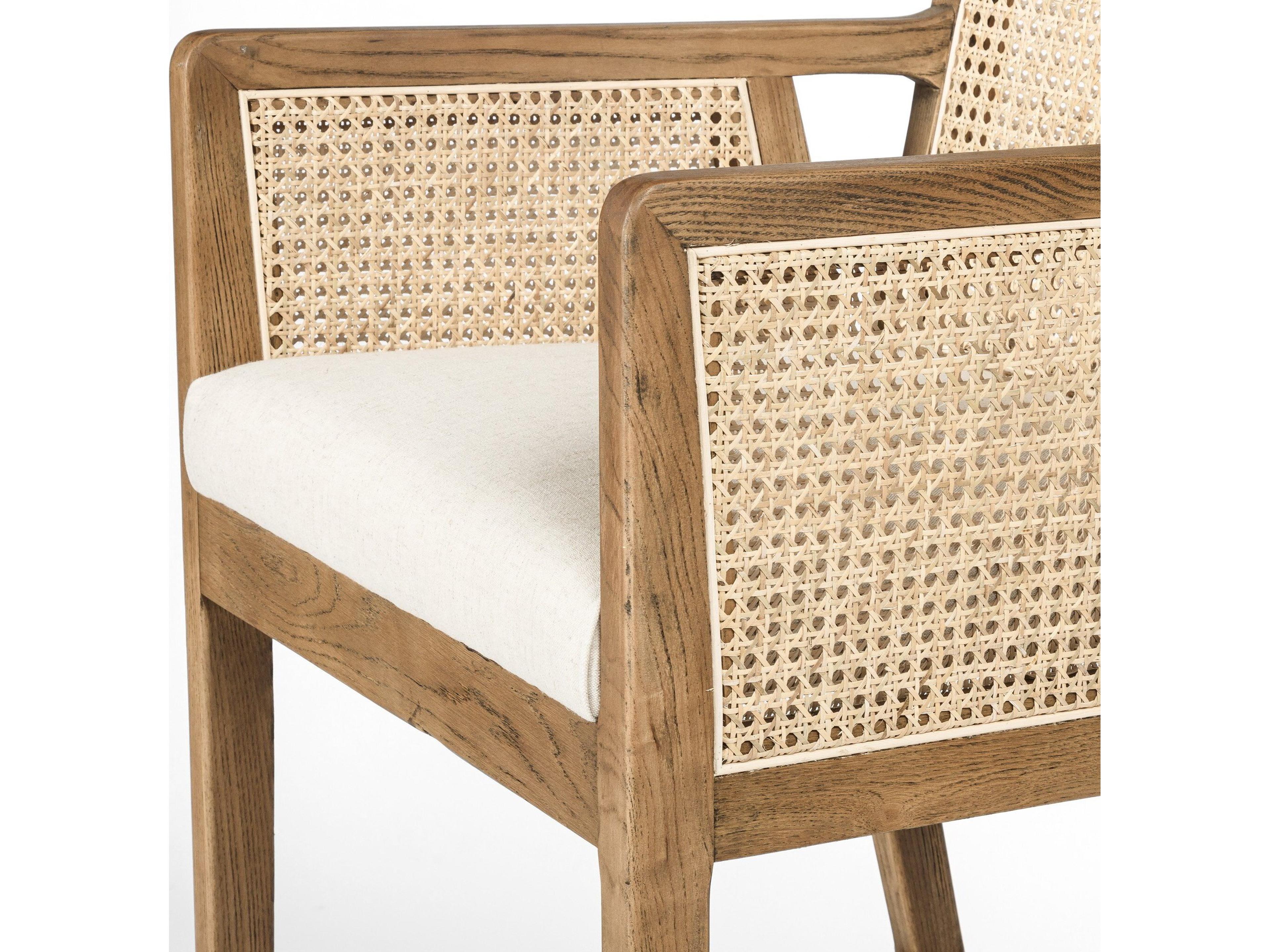 Four Hands Belfast Antonia Upholstered Solid Wood Light Natural Cane Toasted Parawood Brass Kickplate Savile Flax Bar Stool