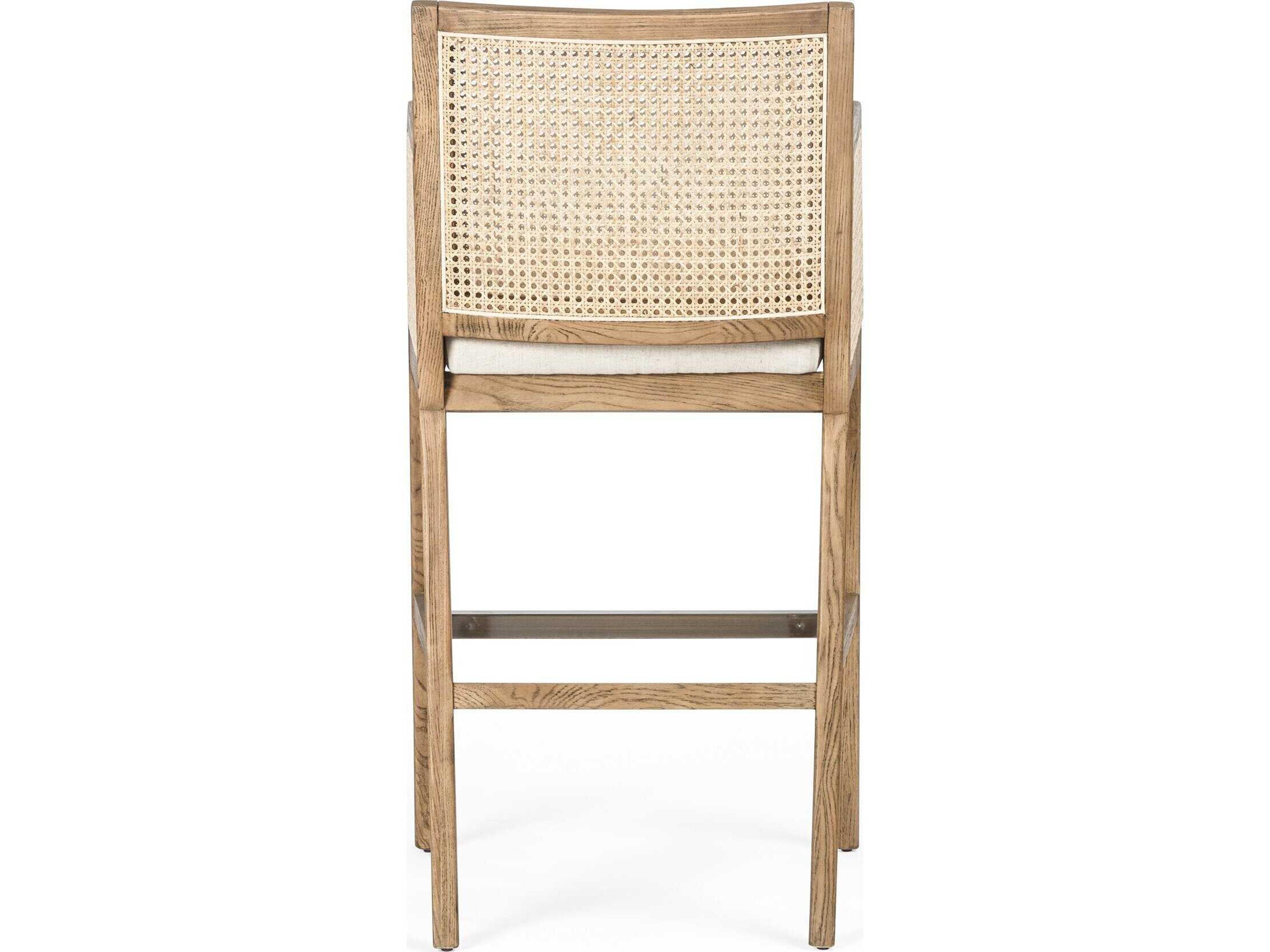 Four Hands Belfast Antonia Upholstered Solid Wood Light Natural Cane Toasted Parawood Brass Kickplate Savile Flax Bar Stool