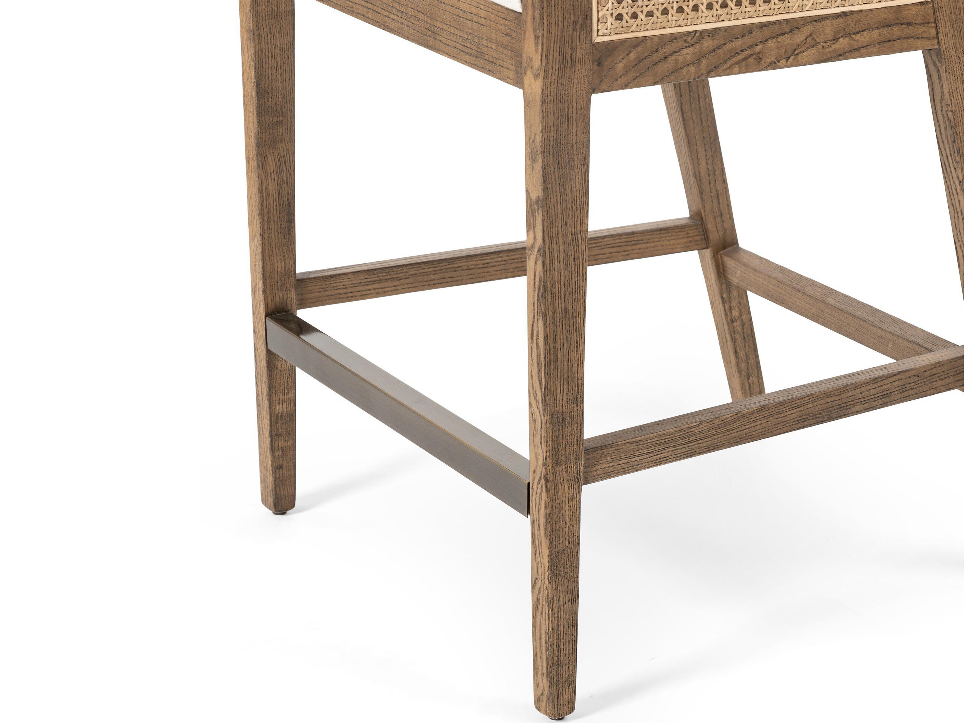 Four Hands Belfast Antonia Upholstered Solid Wood Light Natural Cane Toasted Parawood Brass Kickplate Savile Flax Counter Stool