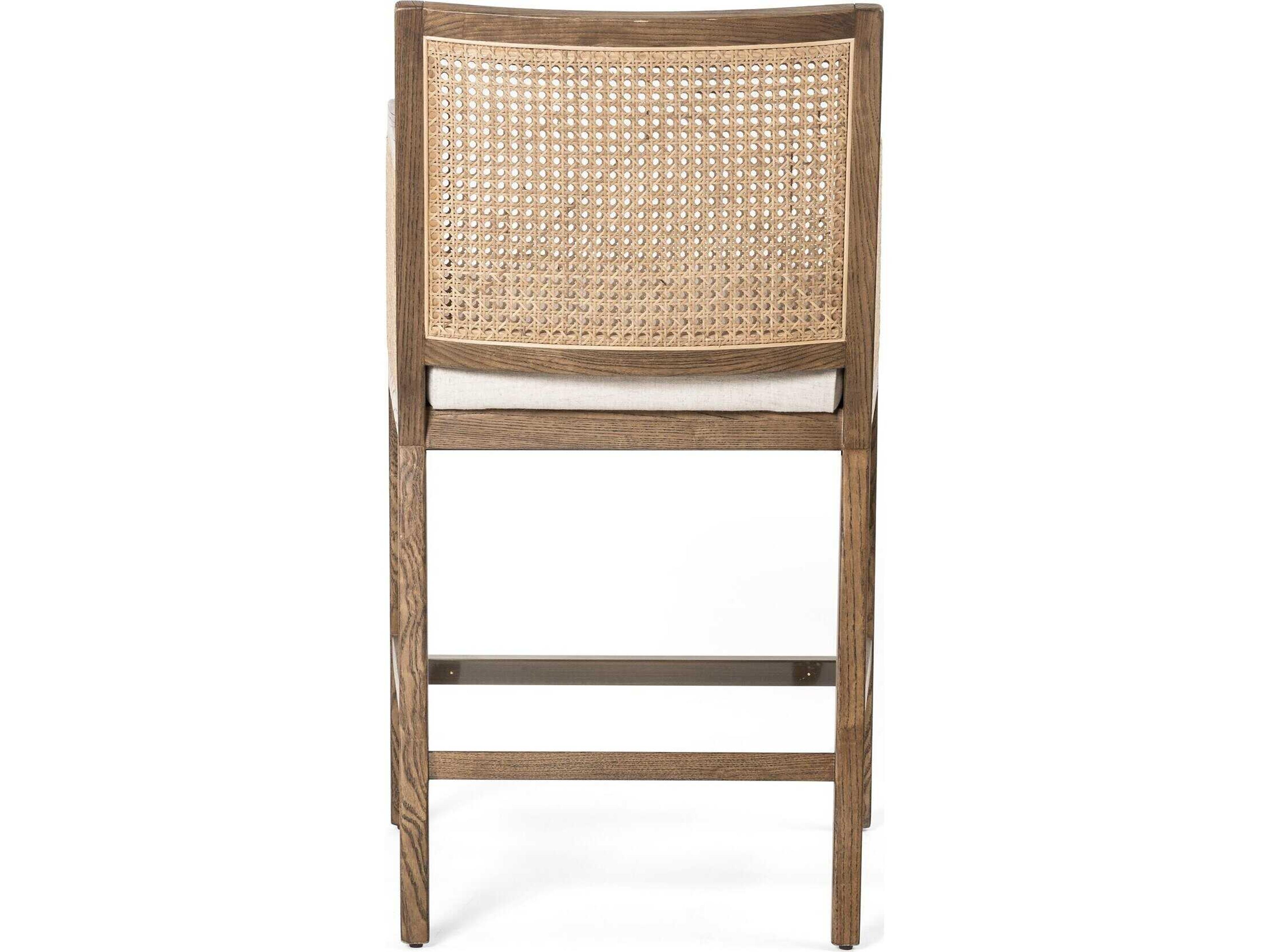 Four Hands Belfast Antonia Upholstered Solid Wood Light Natural Cane Toasted Parawood Brass Kickplate Savile Flax Counter Stool