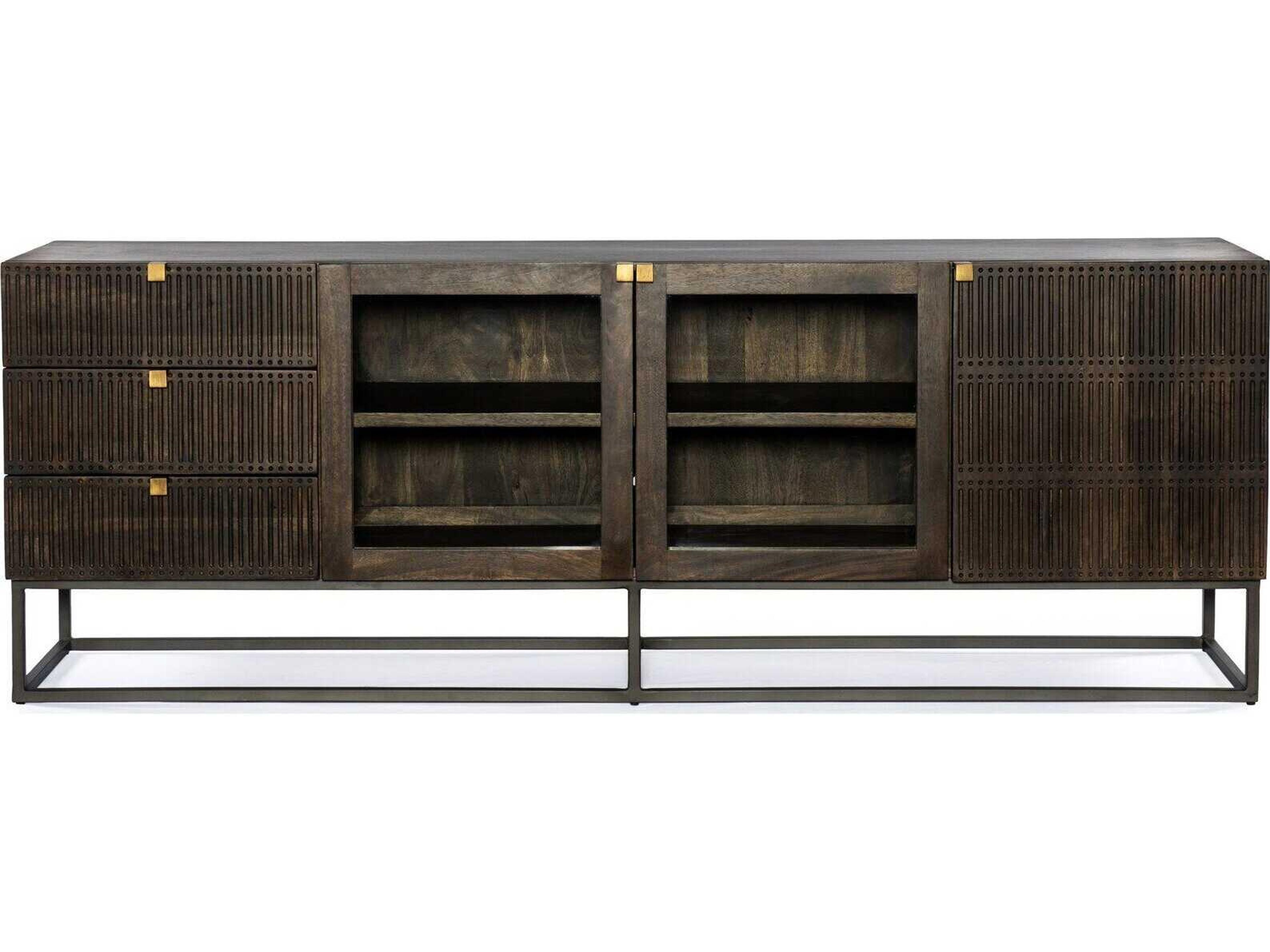 Four Hands Aiden Kelby 79" Mango Wood Gunmetal Aged Brass Carved Vintage Brown Media Console