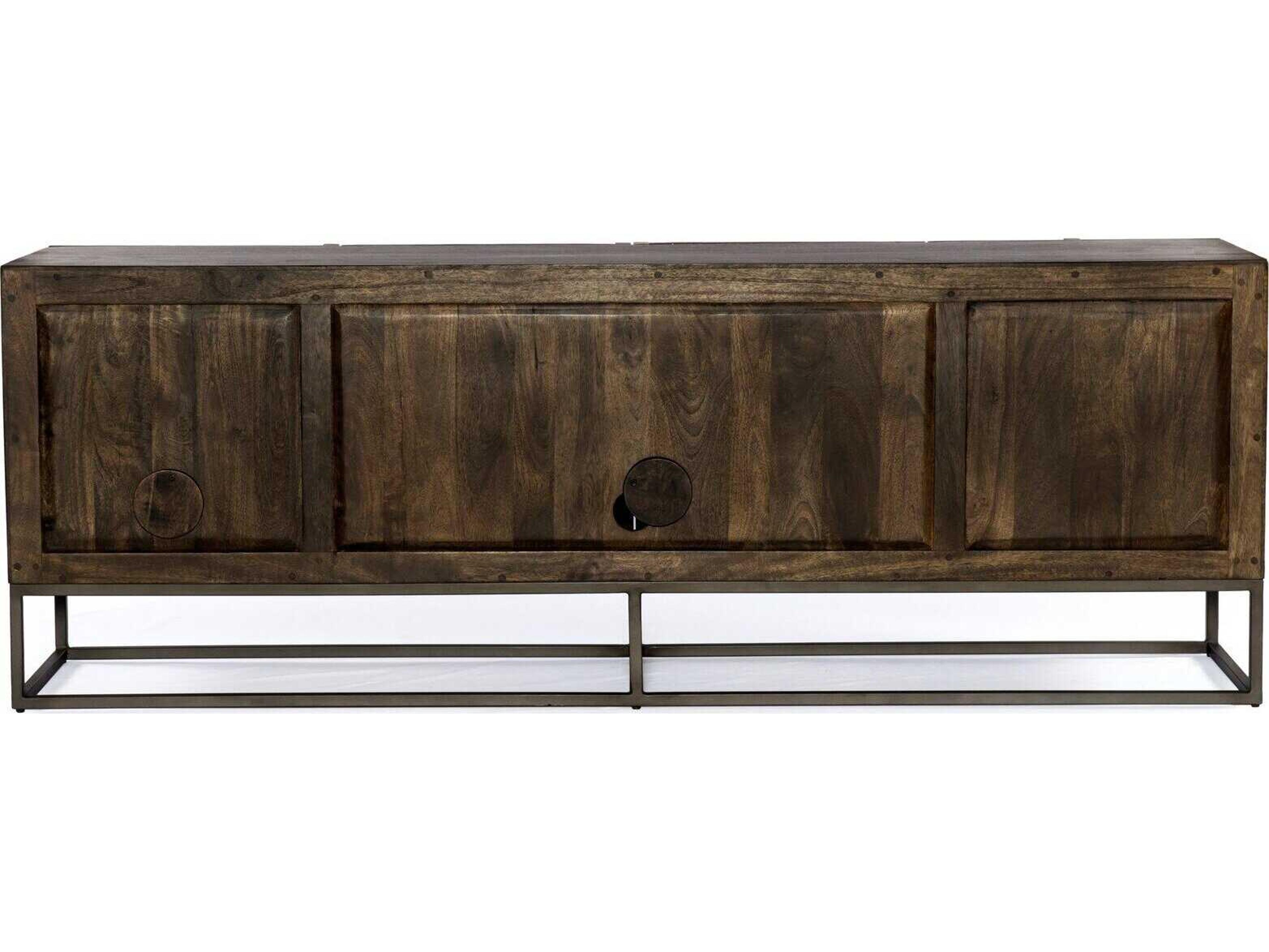 Four Hands Aiden Kelby 79" Mango Wood Gunmetal Aged Brass Carved Vintage Brown Media Console