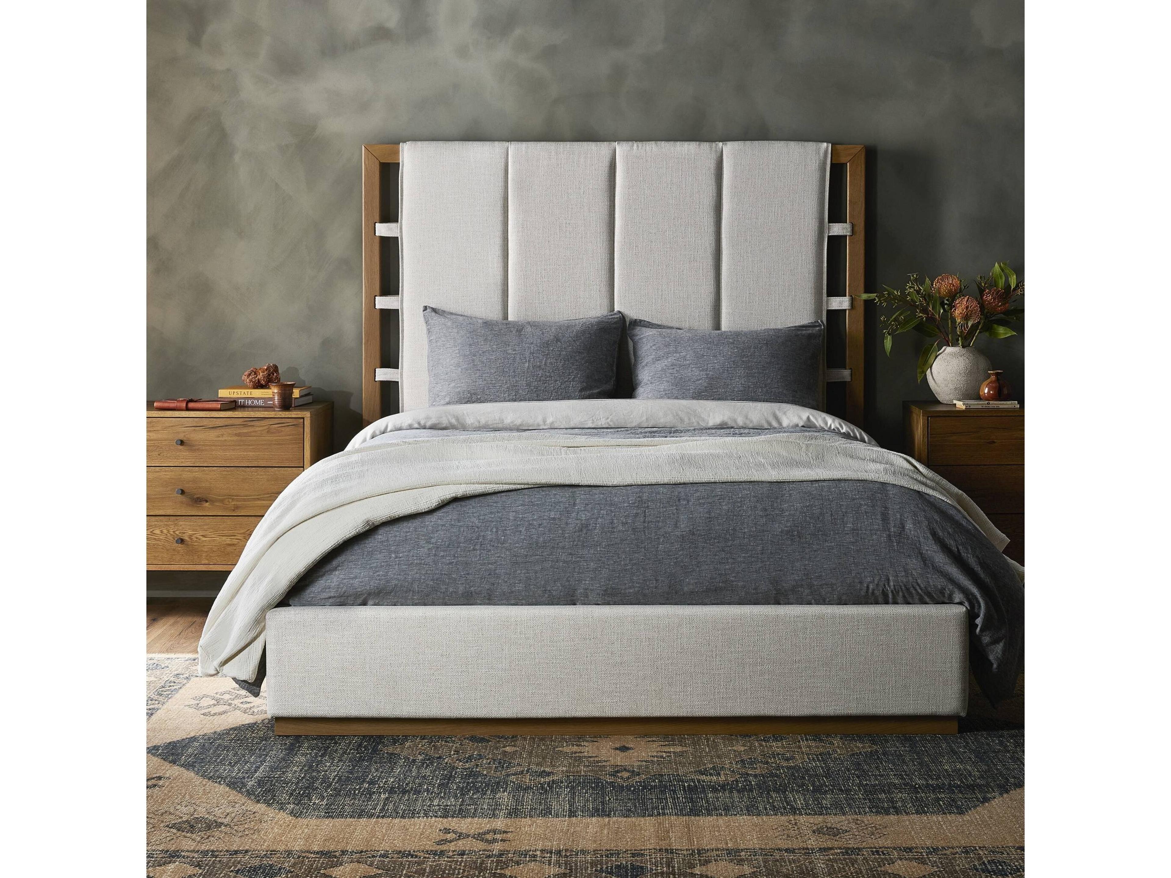 Four Hands Berman Barnett Burnished Oak Dover Crescent White Wood Upholstered Queen Platform Bed