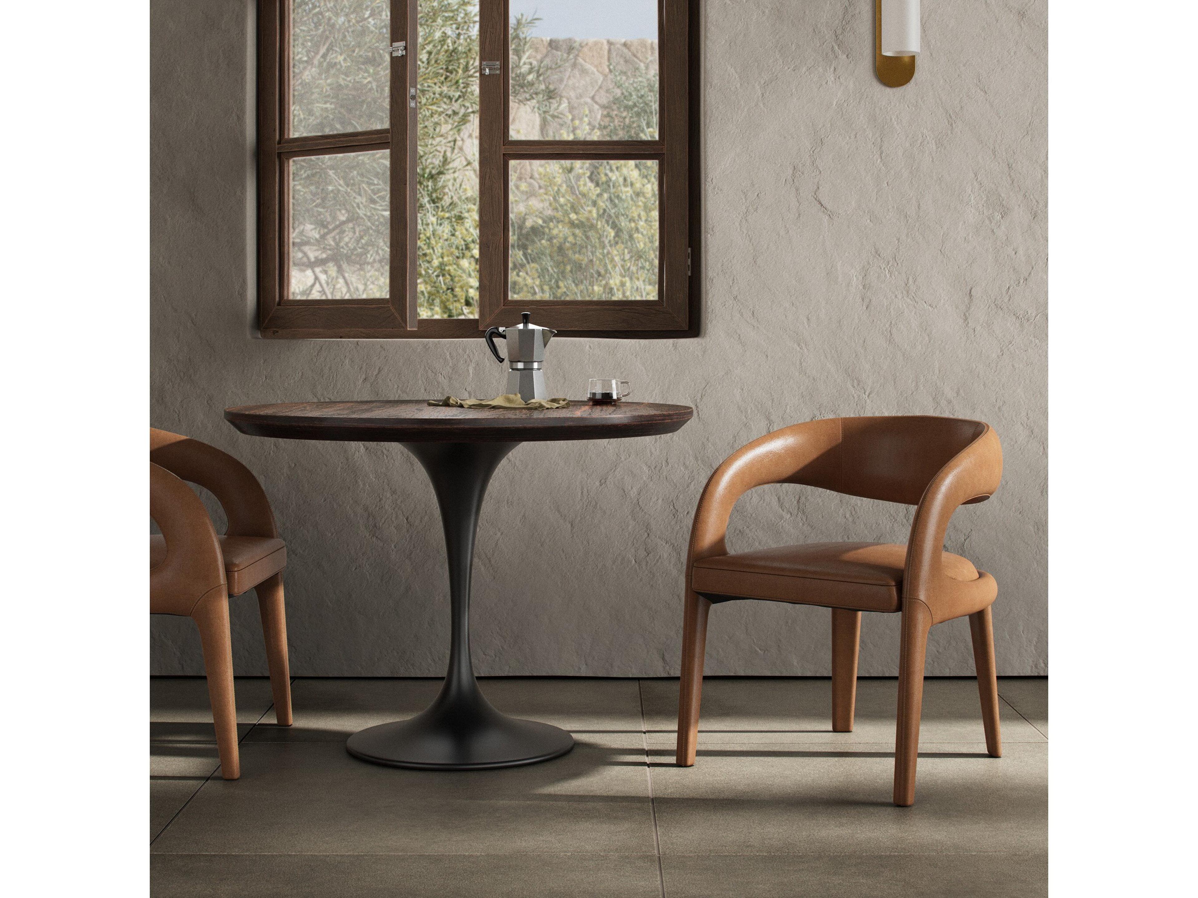 Four Hands Townsend Hawkins Leather Brown Upholstered Arm Dining Chair