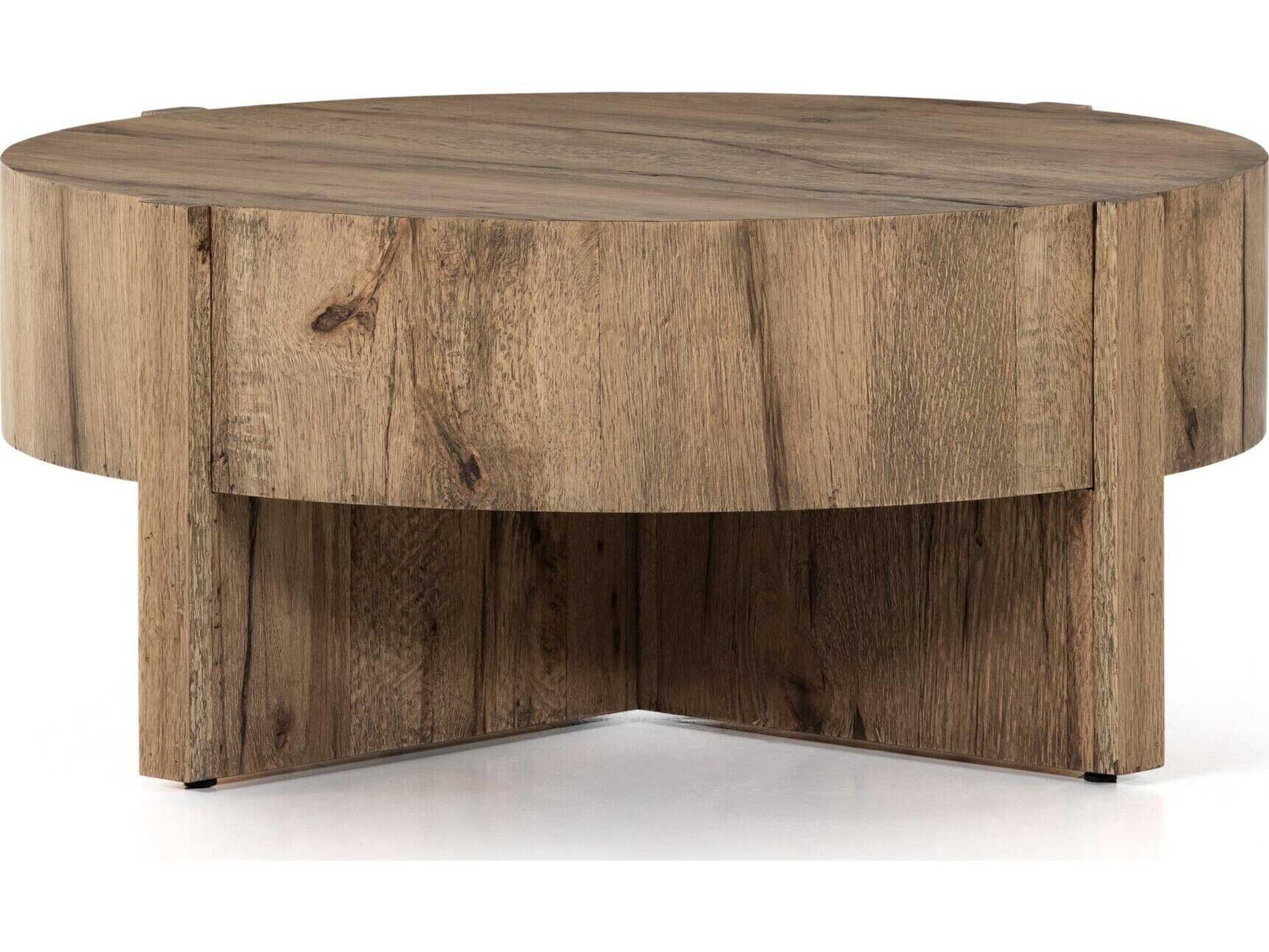 Four Hands Wesson Bingham Round Wood Rustic Oak Veneer Coffee Table