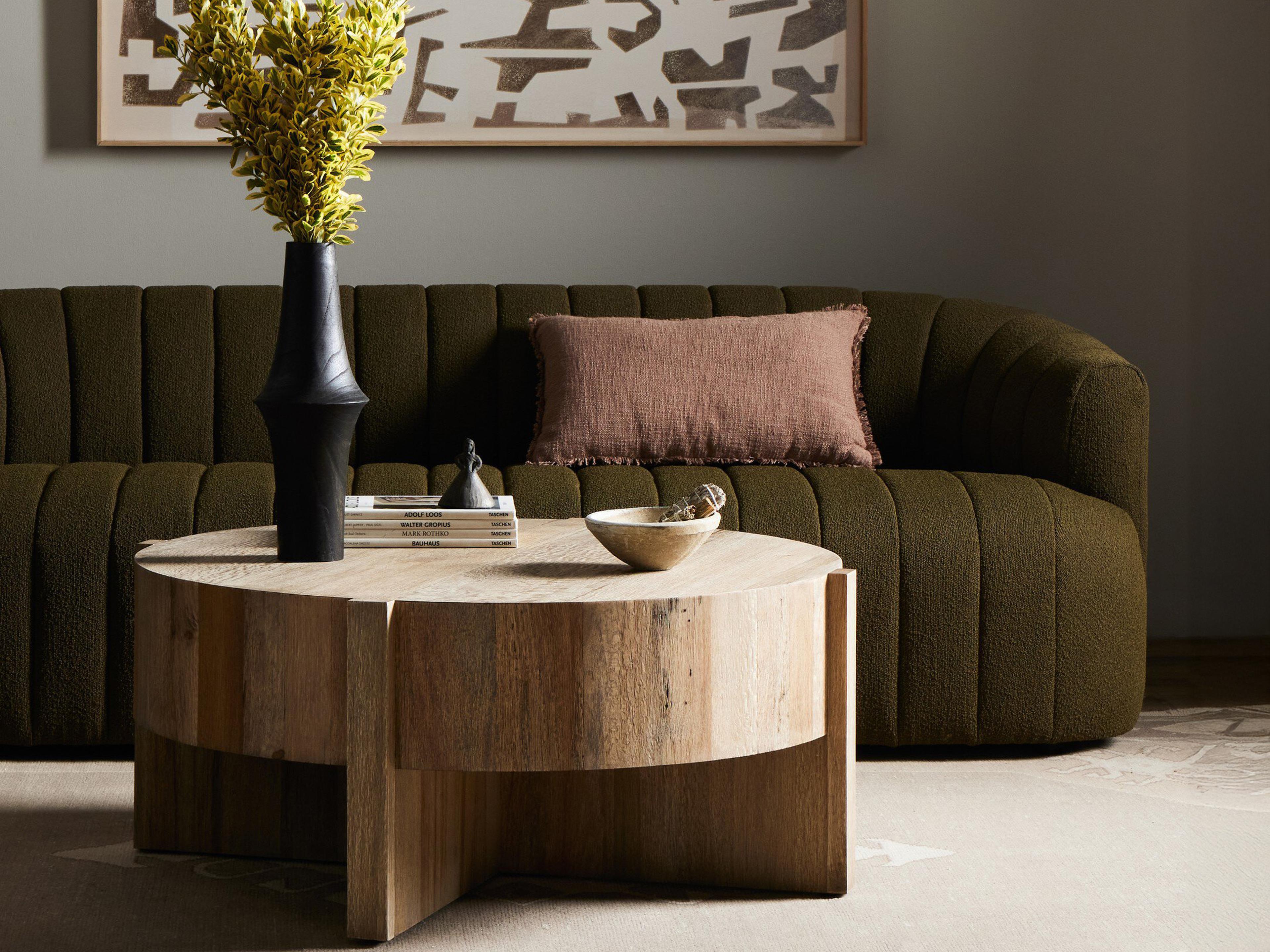 Four Hands Wesson Bingham Round Wood Rustic Oak Veneer Coffee Table