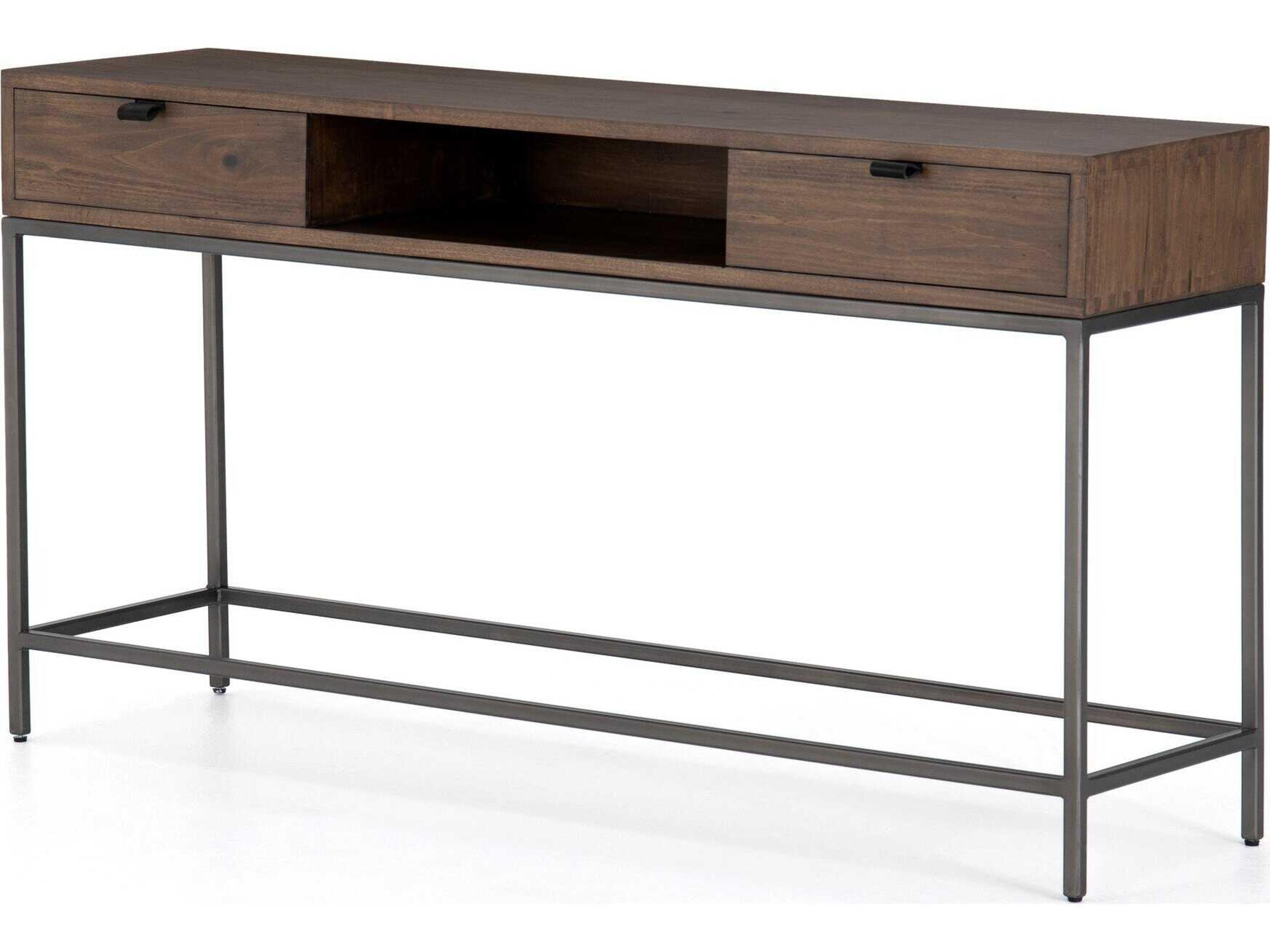 Globetrotter Trey Rectangular Wood Natural Iron Auburn Poplar Black Leather Console Table